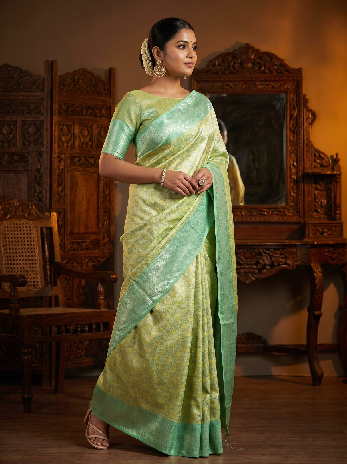 MIMOSA Olive Kanjivaram Art Silk Saree — lower drape and hem view
