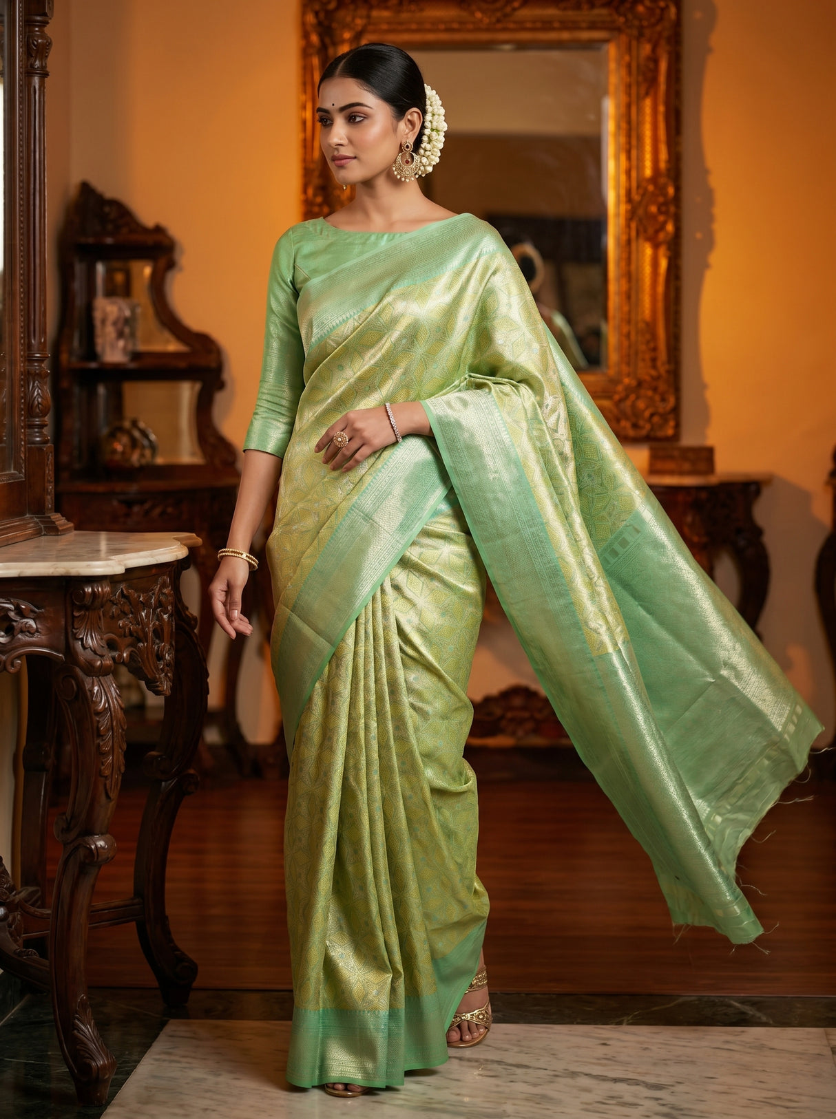 MIMOSA Olive Kanjivaram Art Silk Saree — pose 7 styling detail