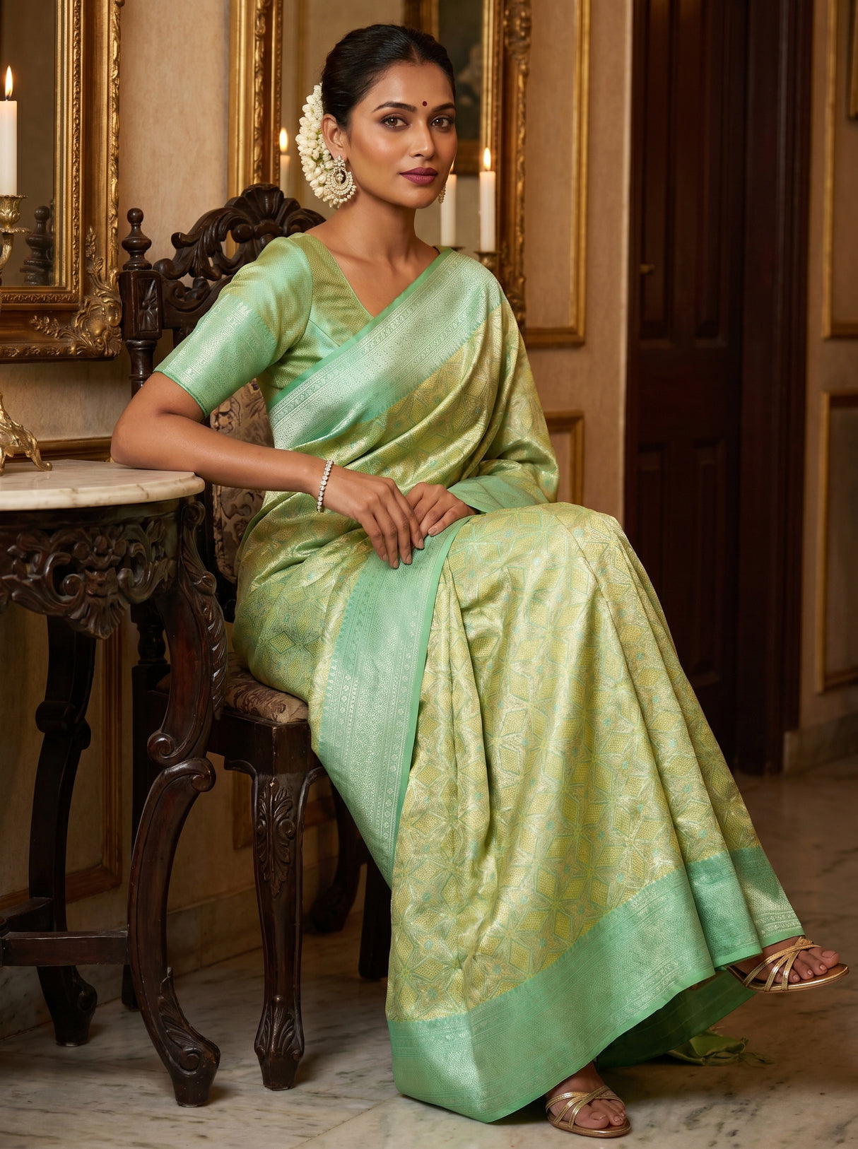 MIMOSA Olive Kanjivaram Art Silk Saree — pose 8 styling detail
