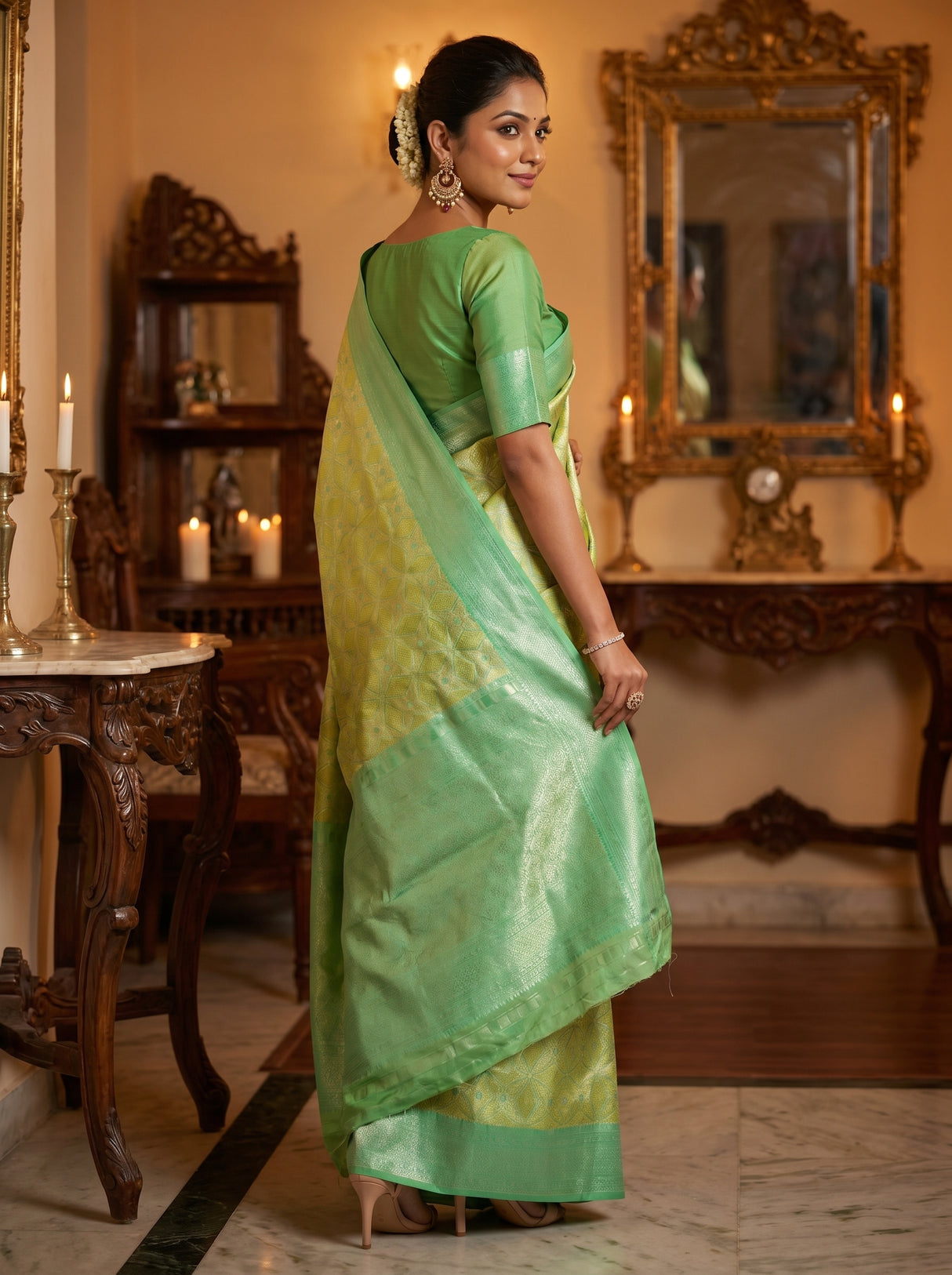 MIMOSA Olive Kanjivaram Art Silk Saree — pose 9 styling detail