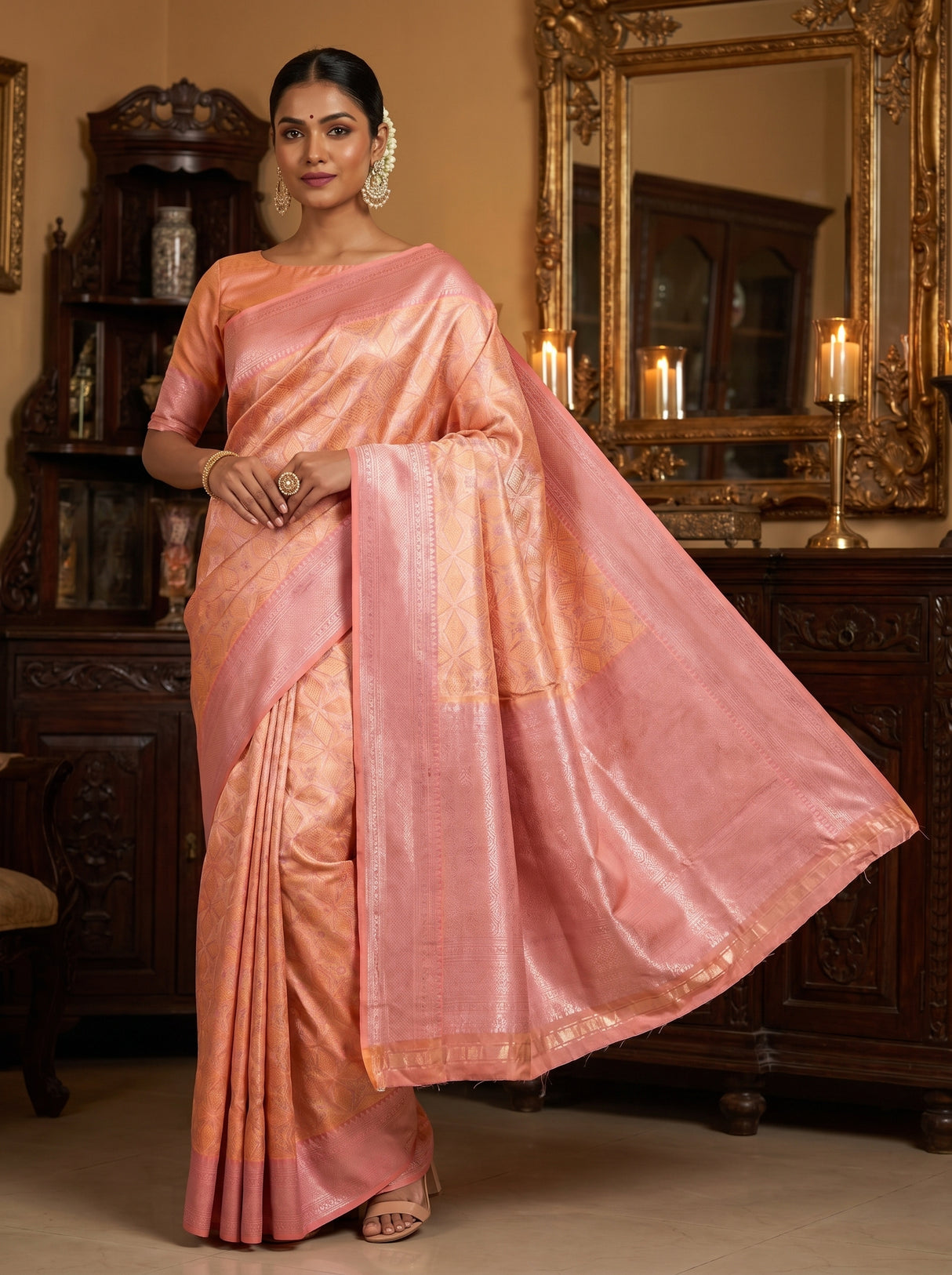 MIMOSA Peach Kanjivaram Art Silk Saree — full view