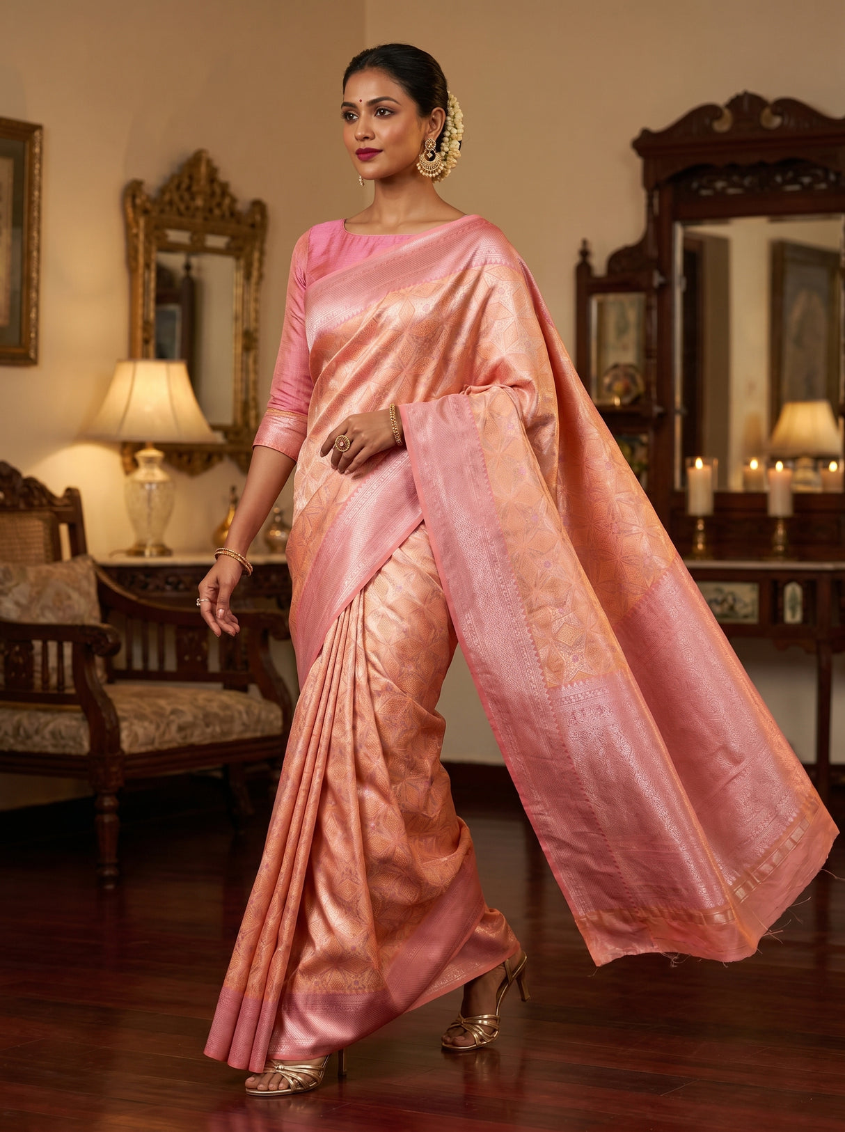 MIMOSA Peach Kanjivaram Art Silk Saree — detailed view of the border