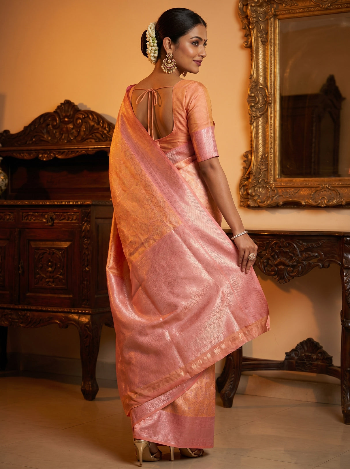 MIMOSA Peach Kanjivaram Art Silk Saree — lower drape and hem view