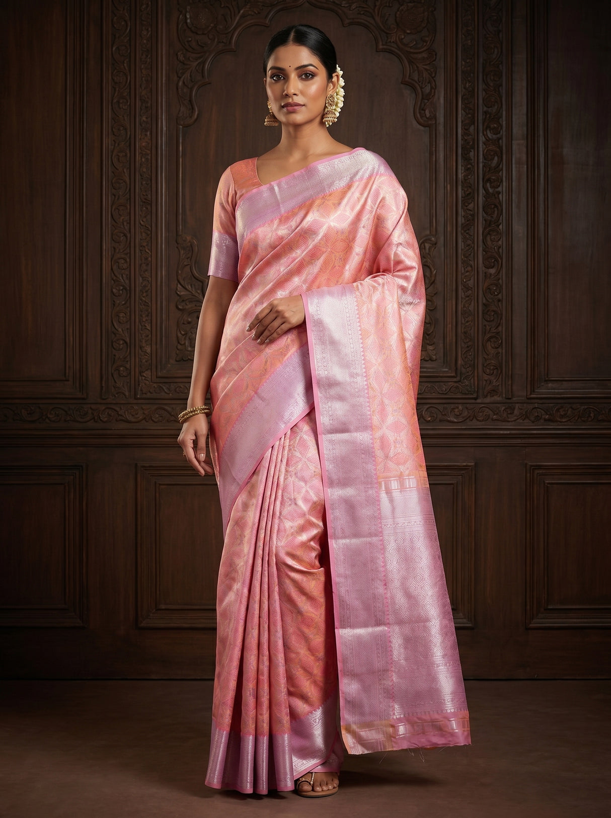 MIMOSA Pink Kanjivaram Art Silk Saree — full view