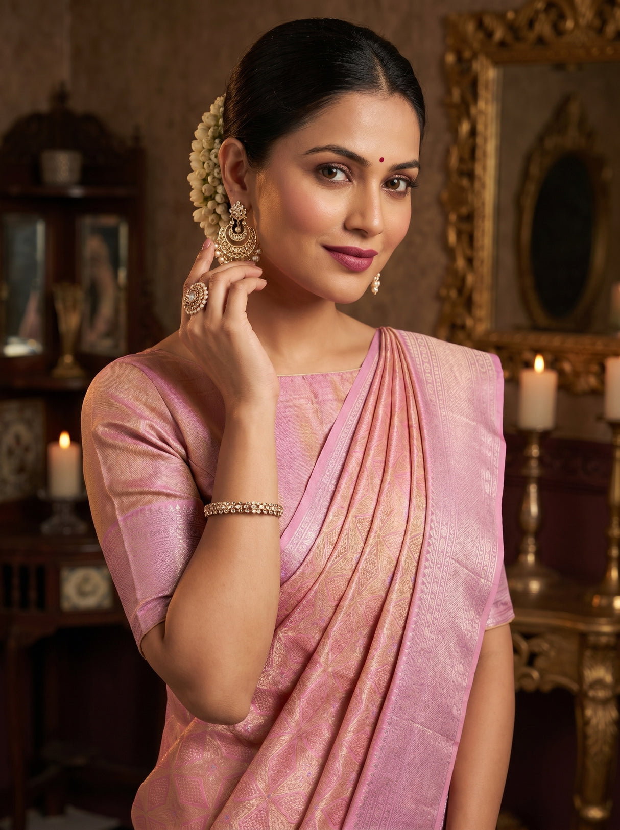 MIMOSA Pink Kanjivaram Art Silk Saree — pose 10 styling detail