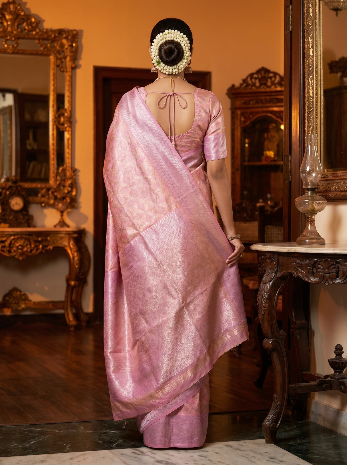 MIMOSA Pink Kanjivaram Art Silk Saree — close-up of the blouse and pallu