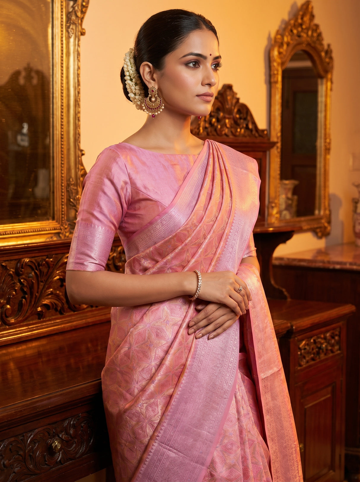 MIMOSA Pink Kanjivaram Art Silk Saree — view of the saree drape and fabric