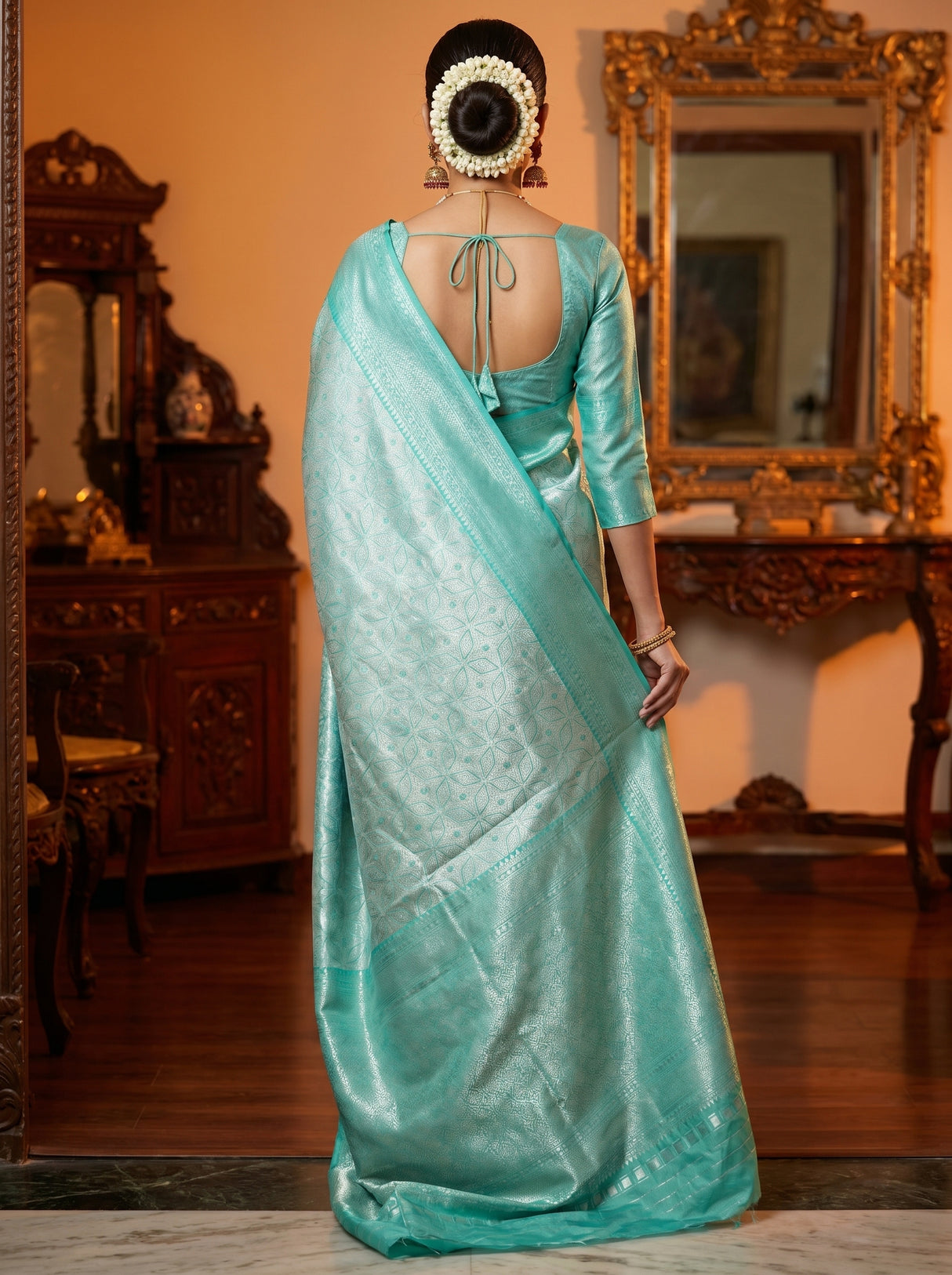 MIMOSA Rama Kanjivaram Art Silk Saree — close-up of the blouse and pallu