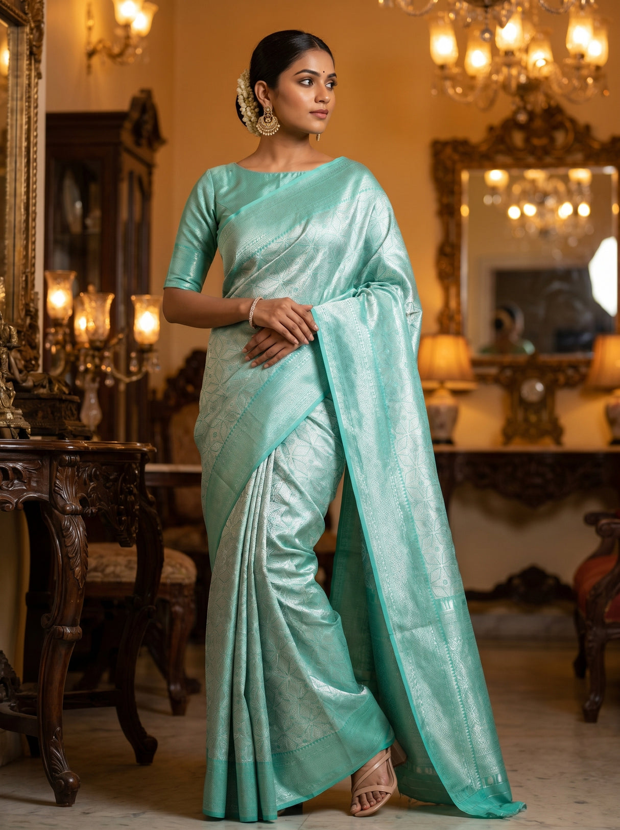 MIMOSA Rama Kanjivaram Art Silk Saree — lower drape and hem view