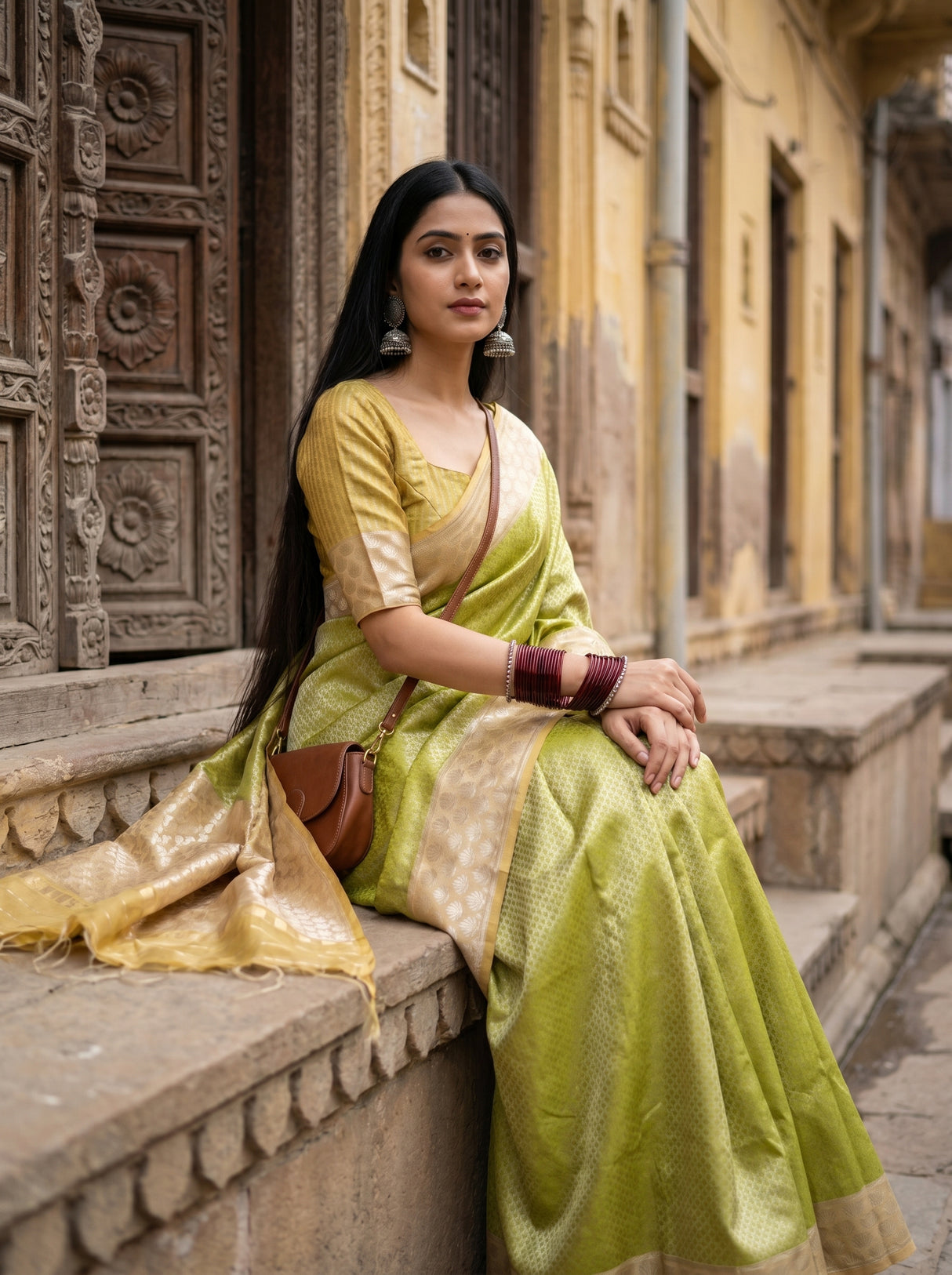 MIMOSA Olive Kanjivaram Art Silk Saree β close-up of face and earrings