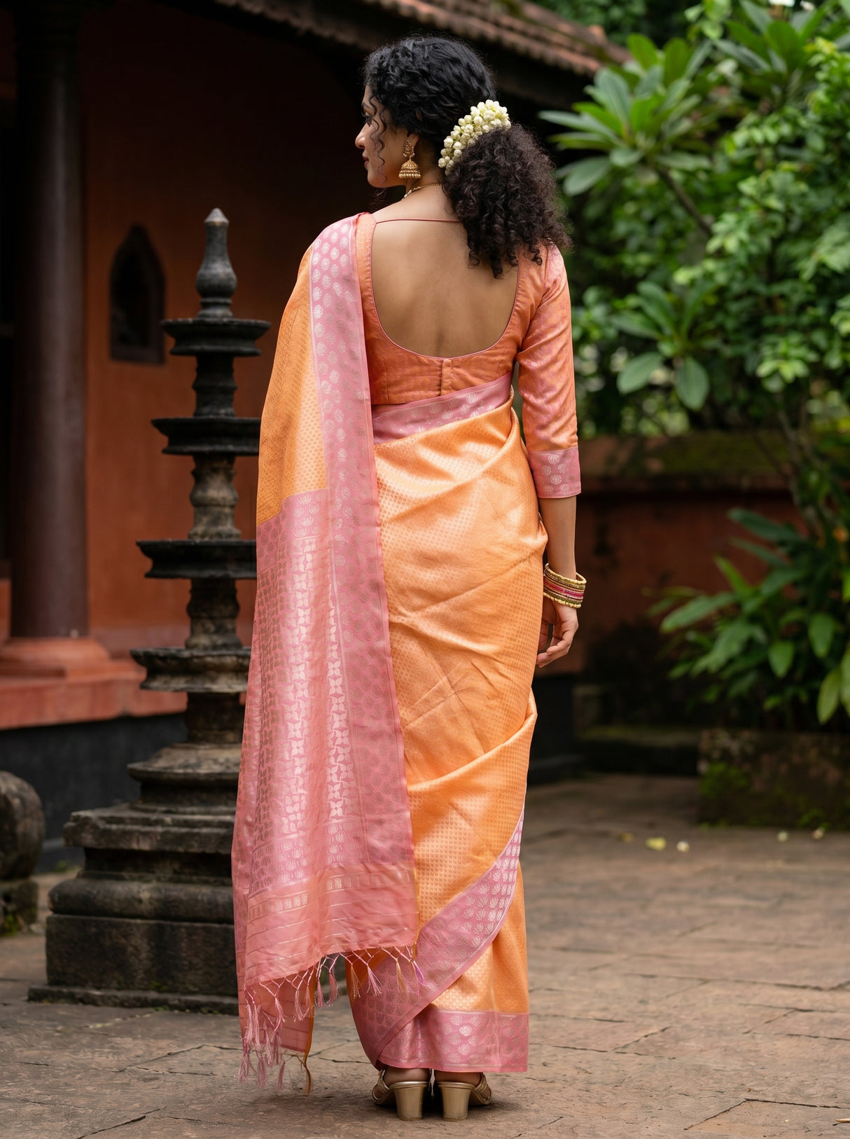 MIMOSA Peach Kanjivaram Art Silk Saree β close-up of face and earrings