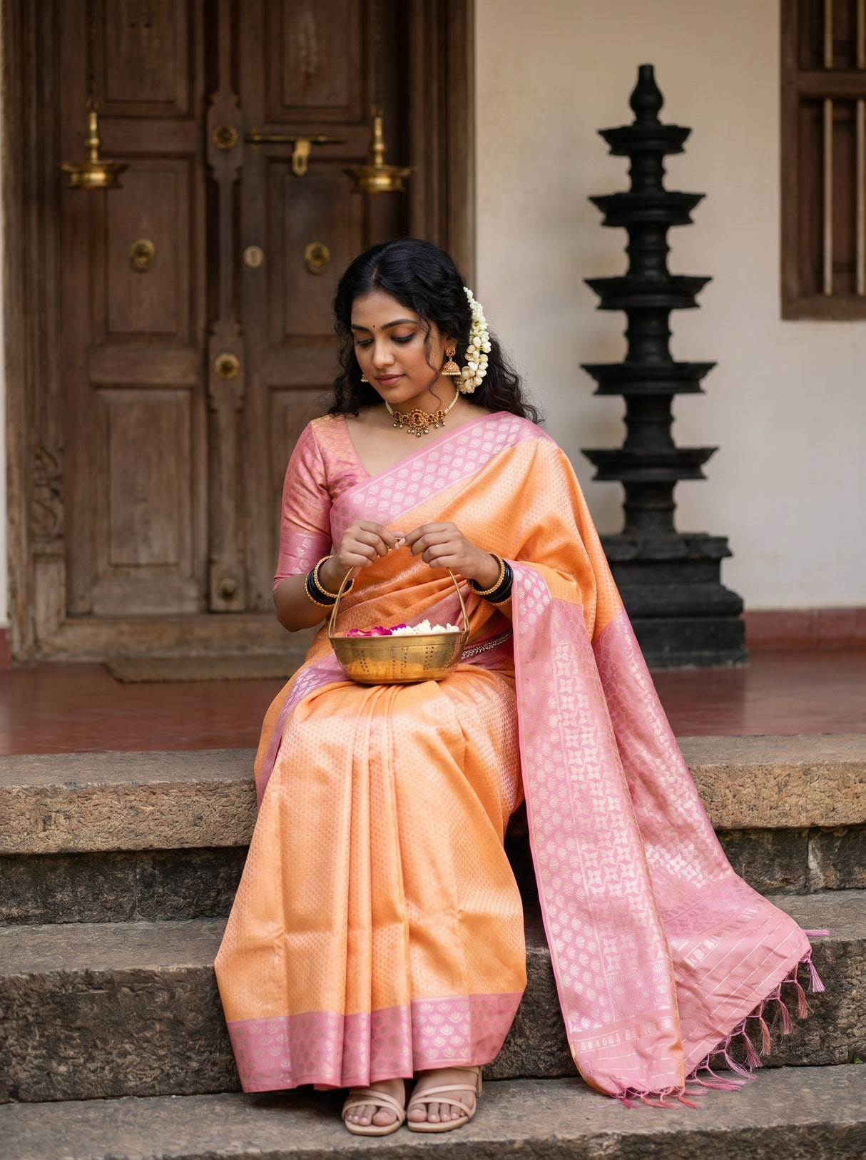 MIMOSA Peach Kanjivaram Art Silk Saree β detail of blouse and shoulder