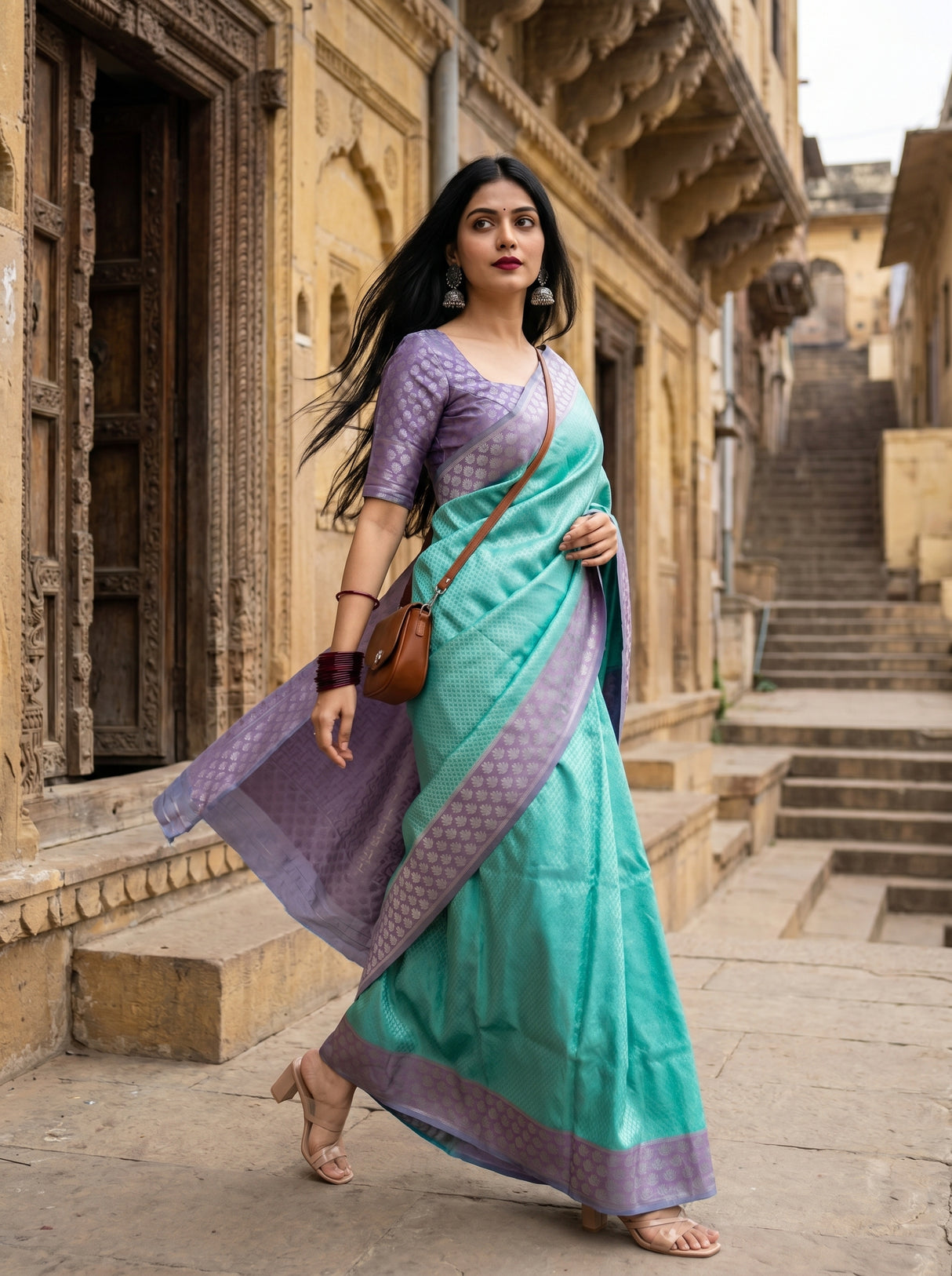 MIMOSA Rama Kanjivaram Art Silk Saree β close-up of bangles and bag