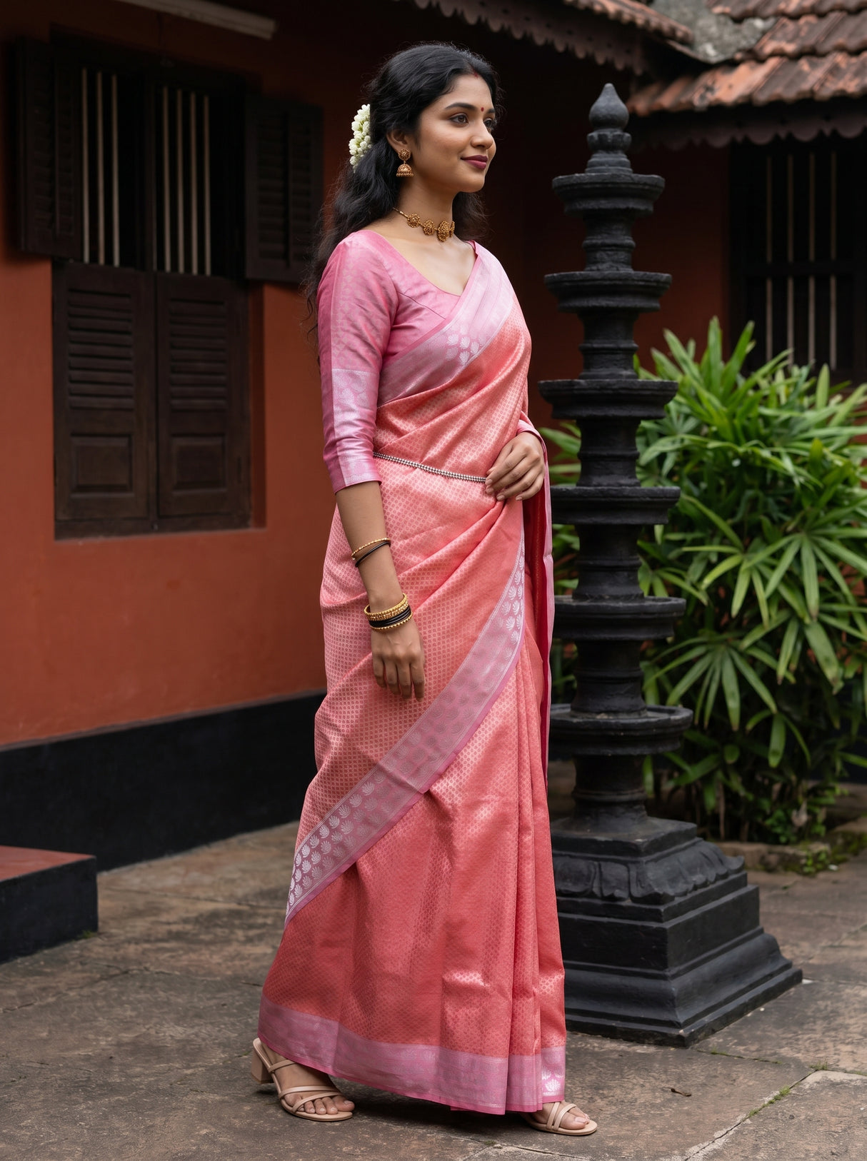 MIMOSA Strawberry Kanjivaram Art Silk Saree β detail of blouse and shoulder