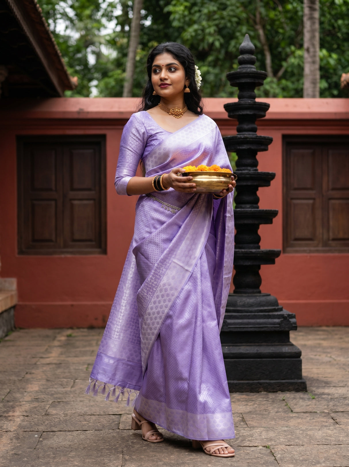 MIMOSA Violet Kanjivaram Art Silk Saree β close-up of bangles and bag
