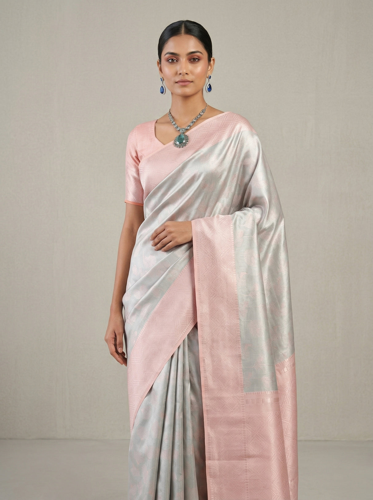 MIMOSA Grey Kanjivaram Art Silk Saree β Lower Body and Pleats View