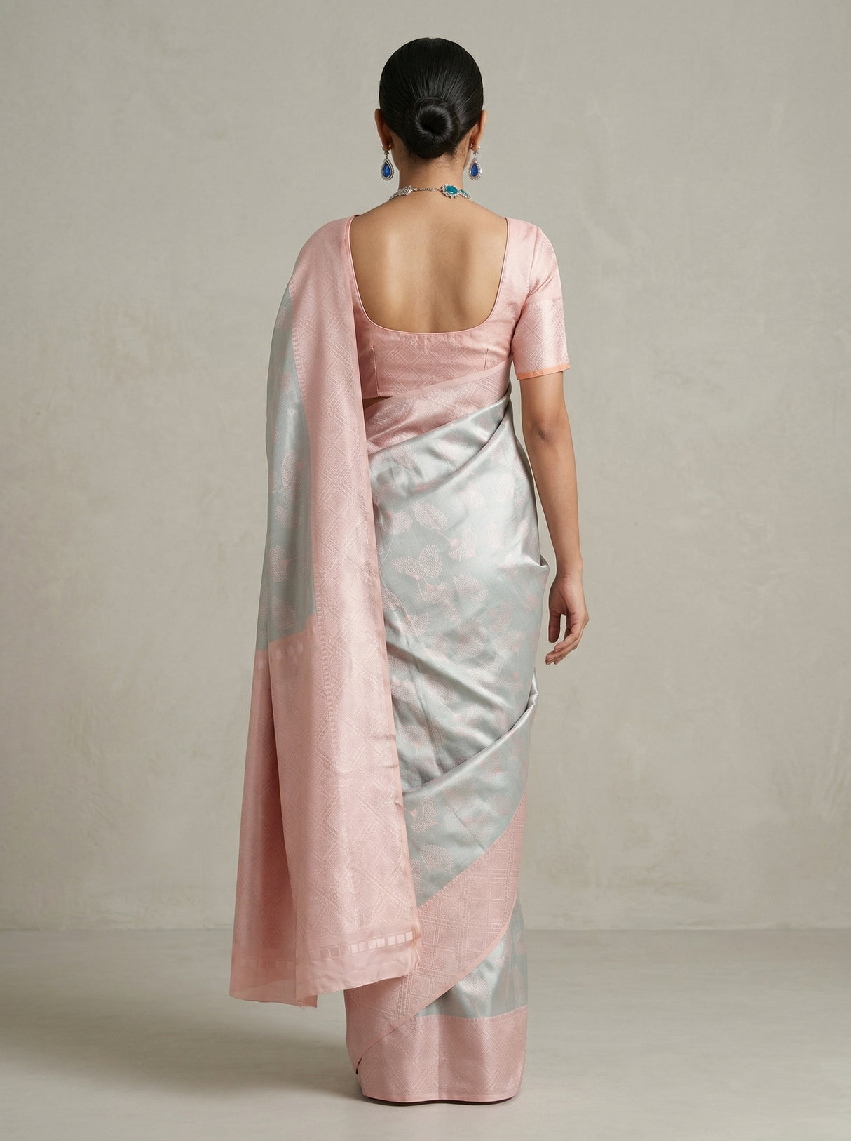 MIMOSA Grey Kanjivaram Art Silk Saree β Close-up of Face and Blouse