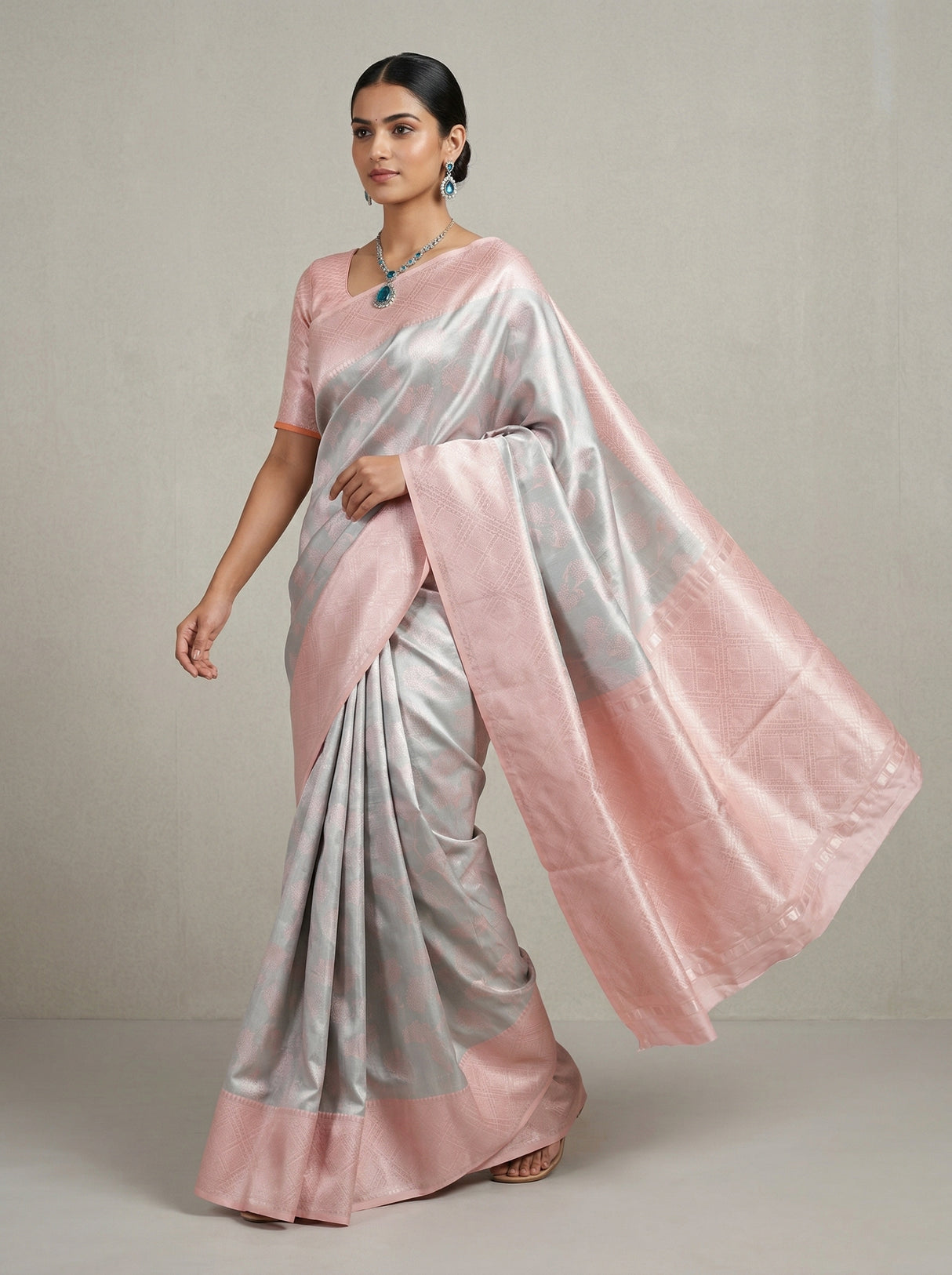MIMOSA Grey Kanjivaram Art Silk Saree β Side View of Drape