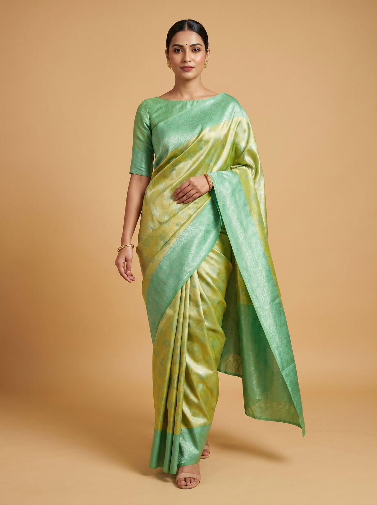 MIMOSA Olive Kanjivaram Art Silk Saree β Lower Body and Pleats View