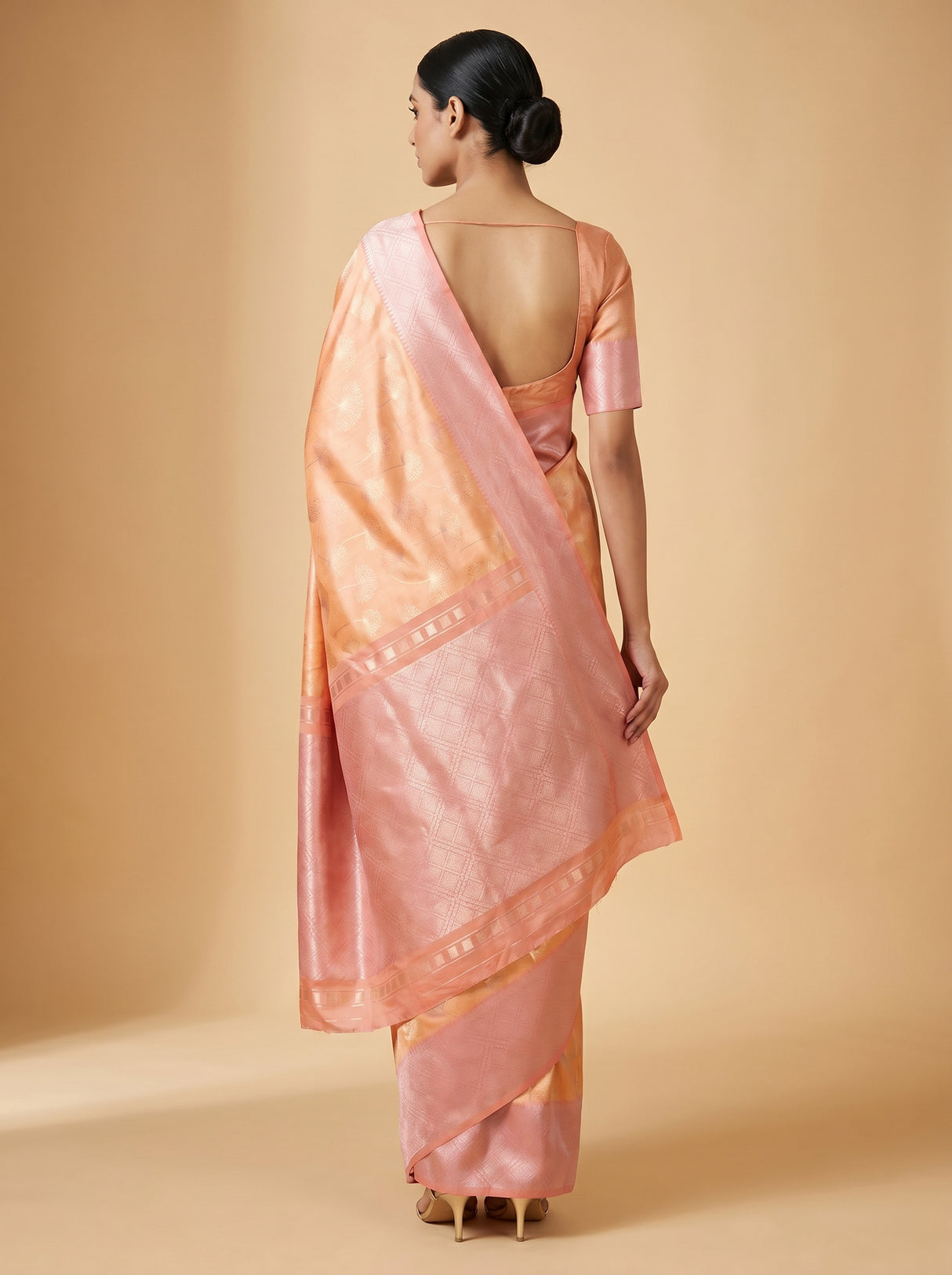 MIMOSA Peach Kanjivaram Art Silk Saree β Close-up of Face and Blouse