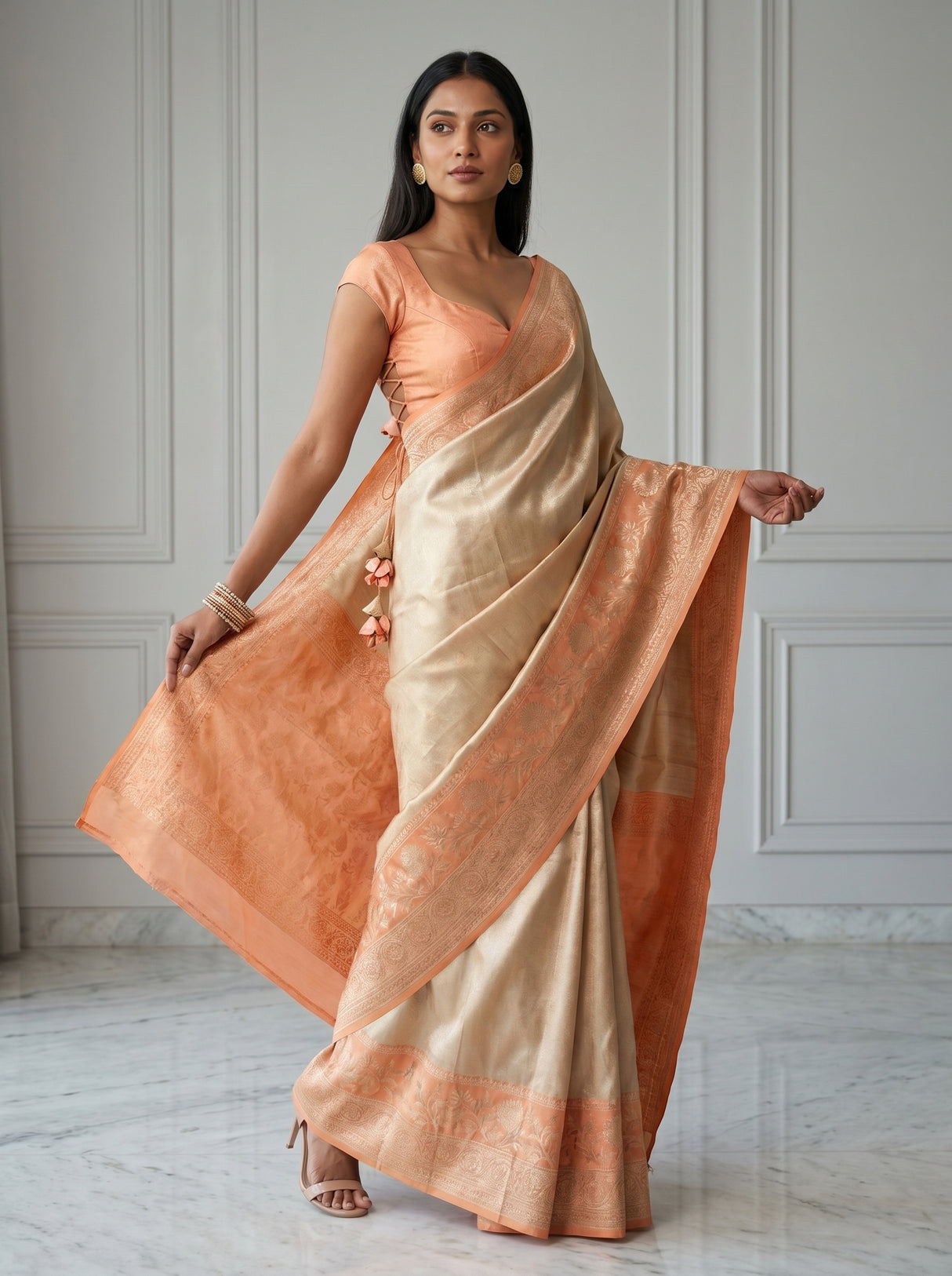 MIMOSA Chikoo Kanjivaram Art Silk Saree β pose 5 styling detail
