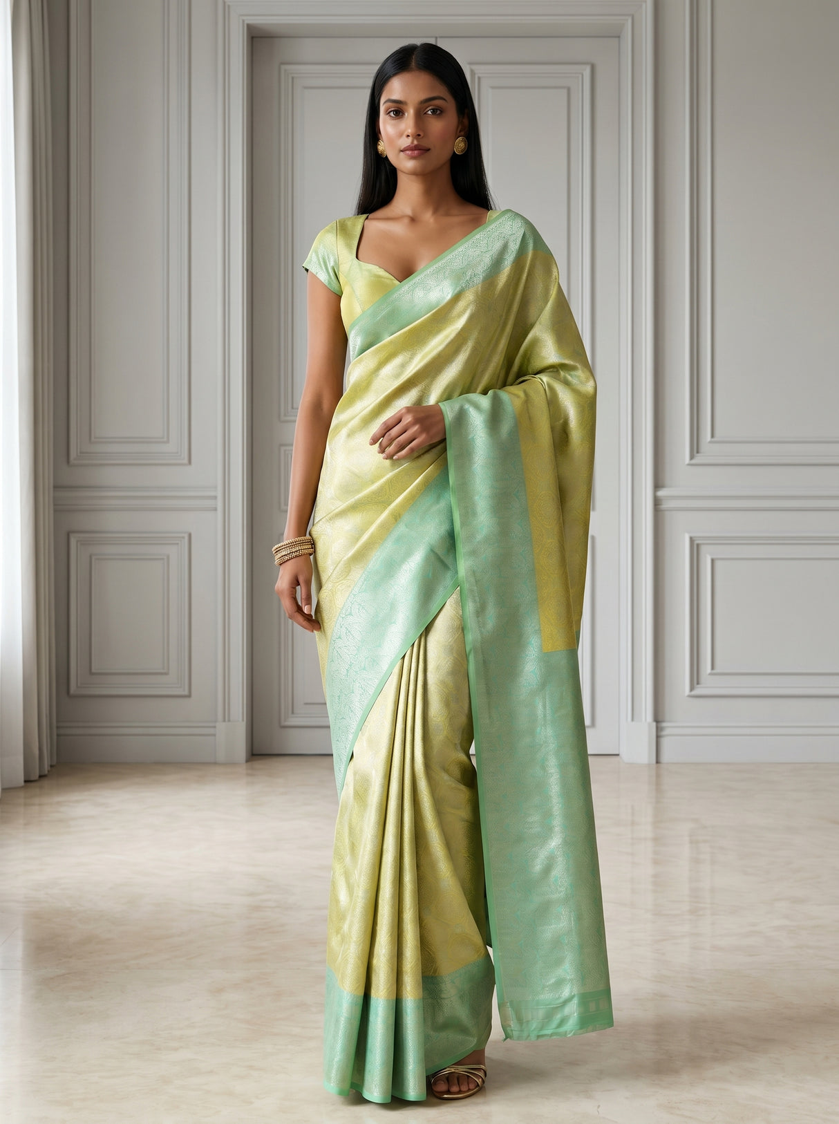 MIMOSA Olive Kanjivaram Art Silk Saree β front view on mannequin