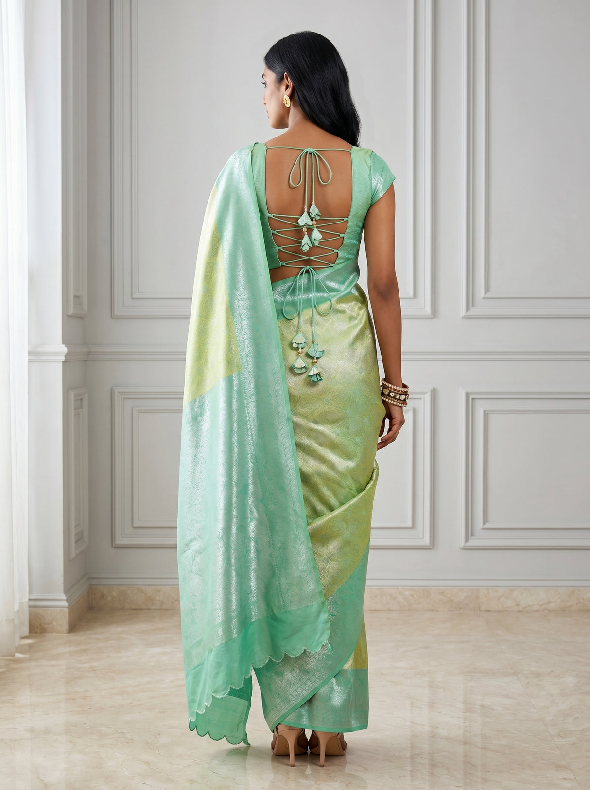 MIMOSA Olive Kanjivaram Art Silk Saree β pose 2 styling detail