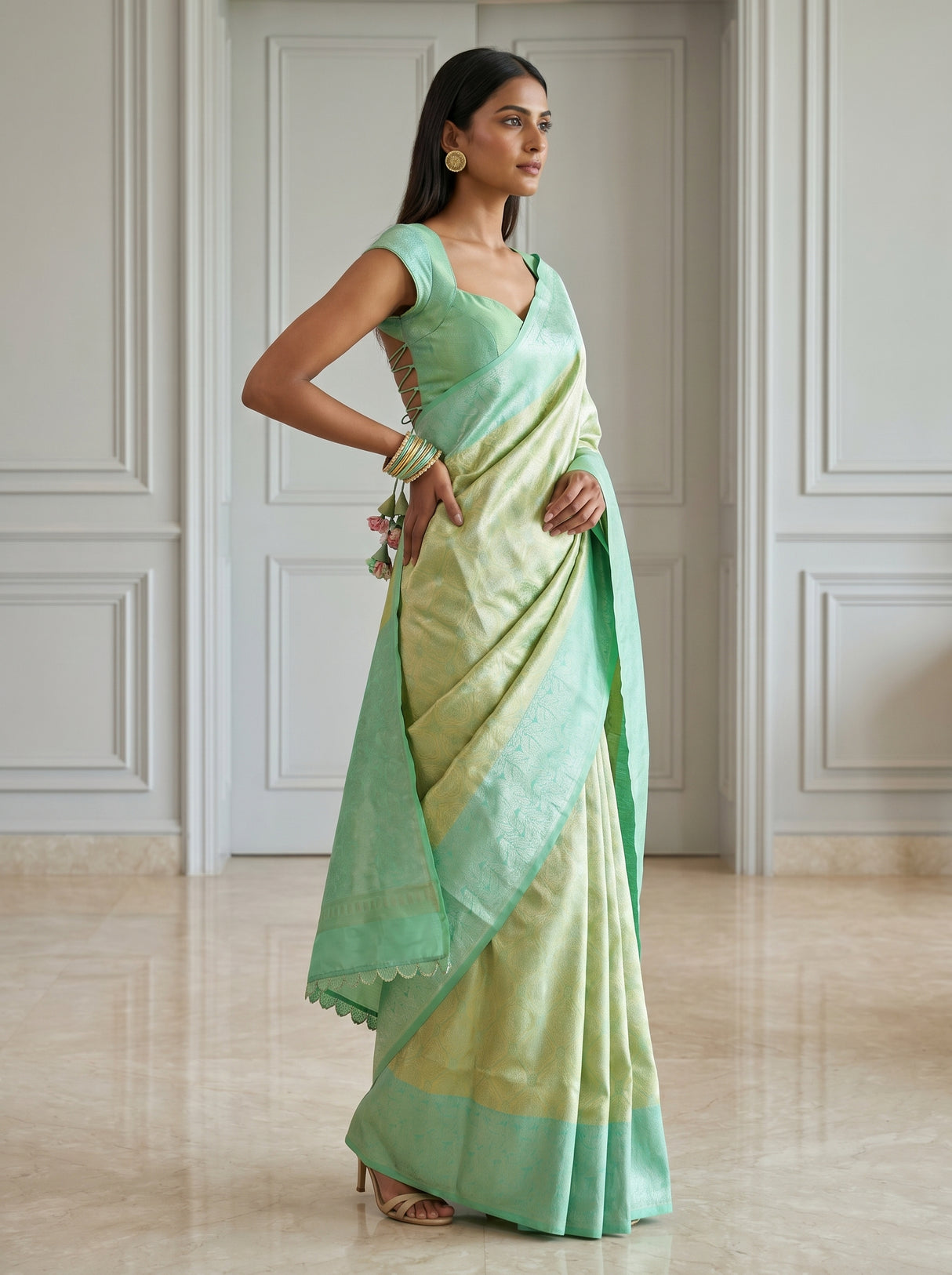 MIMOSA Olive Kanjivaram Art Silk Saree β pose 7 styling detail