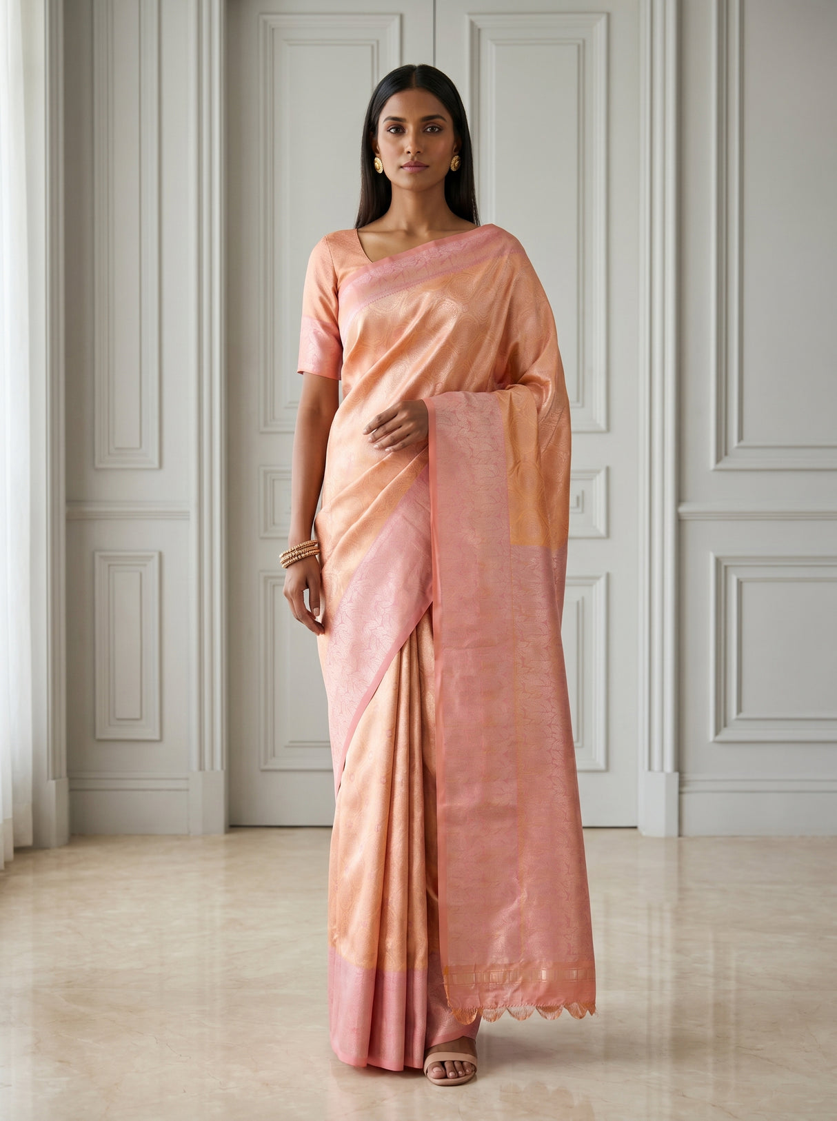MIMOSA Peach Kanjivaram Art Silk Saree β front view on mannequin