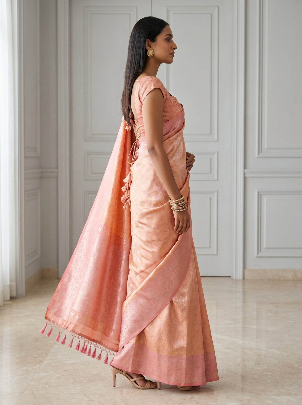 MIMOSA Peach Kanjivaram Art Silk Saree β pose 3 styling detail