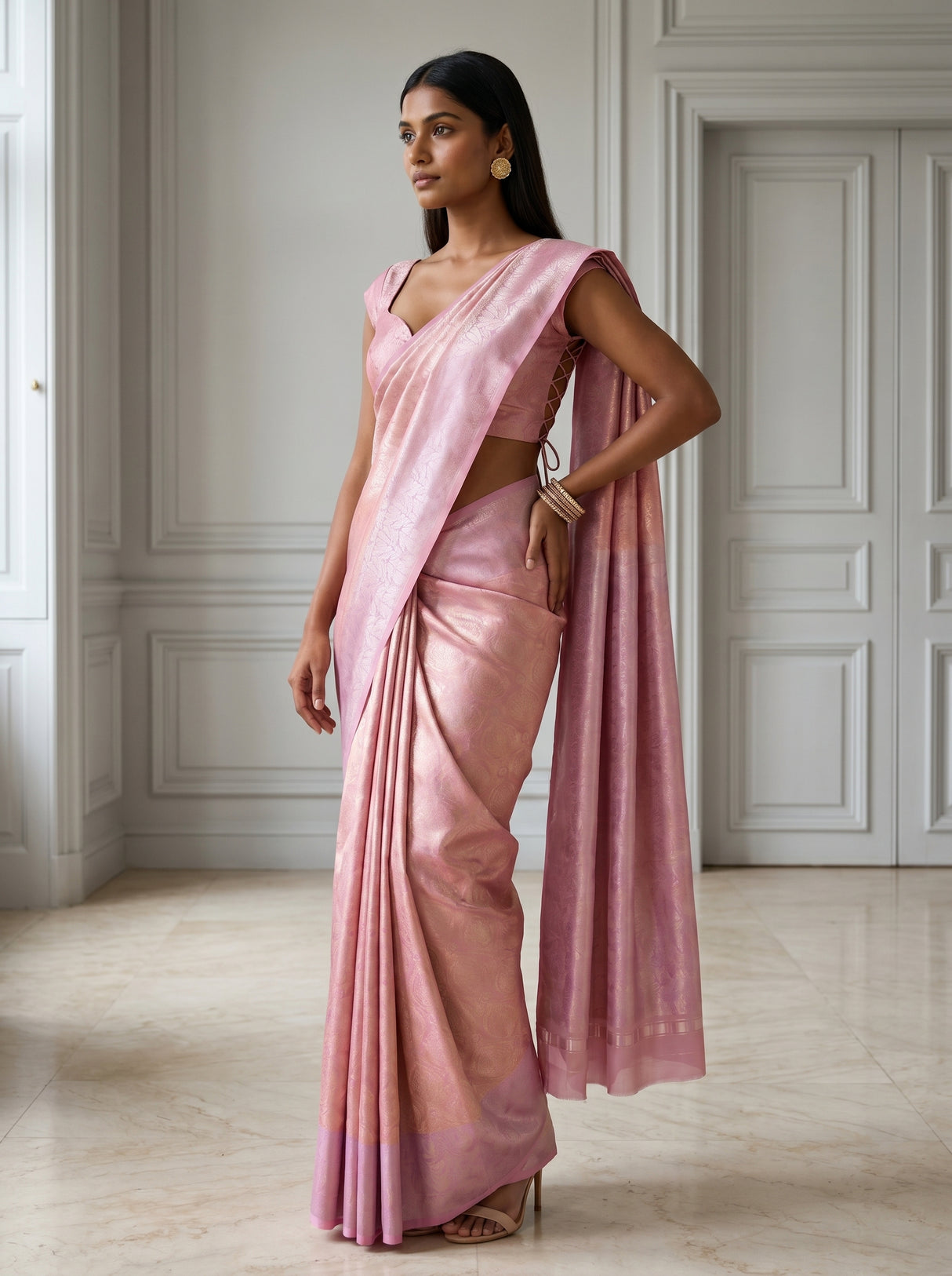 MIMOSA Pink Kanjivaram Art Silk Saree β pose 4 styling detail