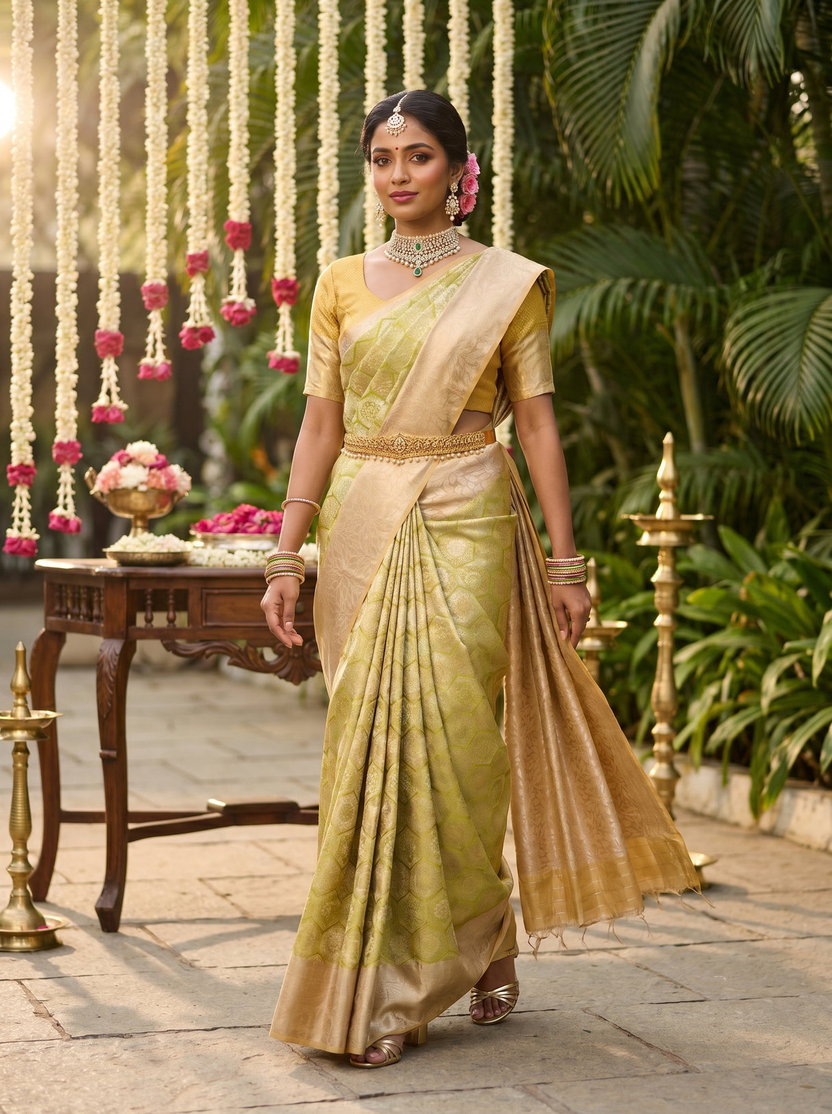 MIMOSA Olive Kanjivaram Art Silk Saree β Full View