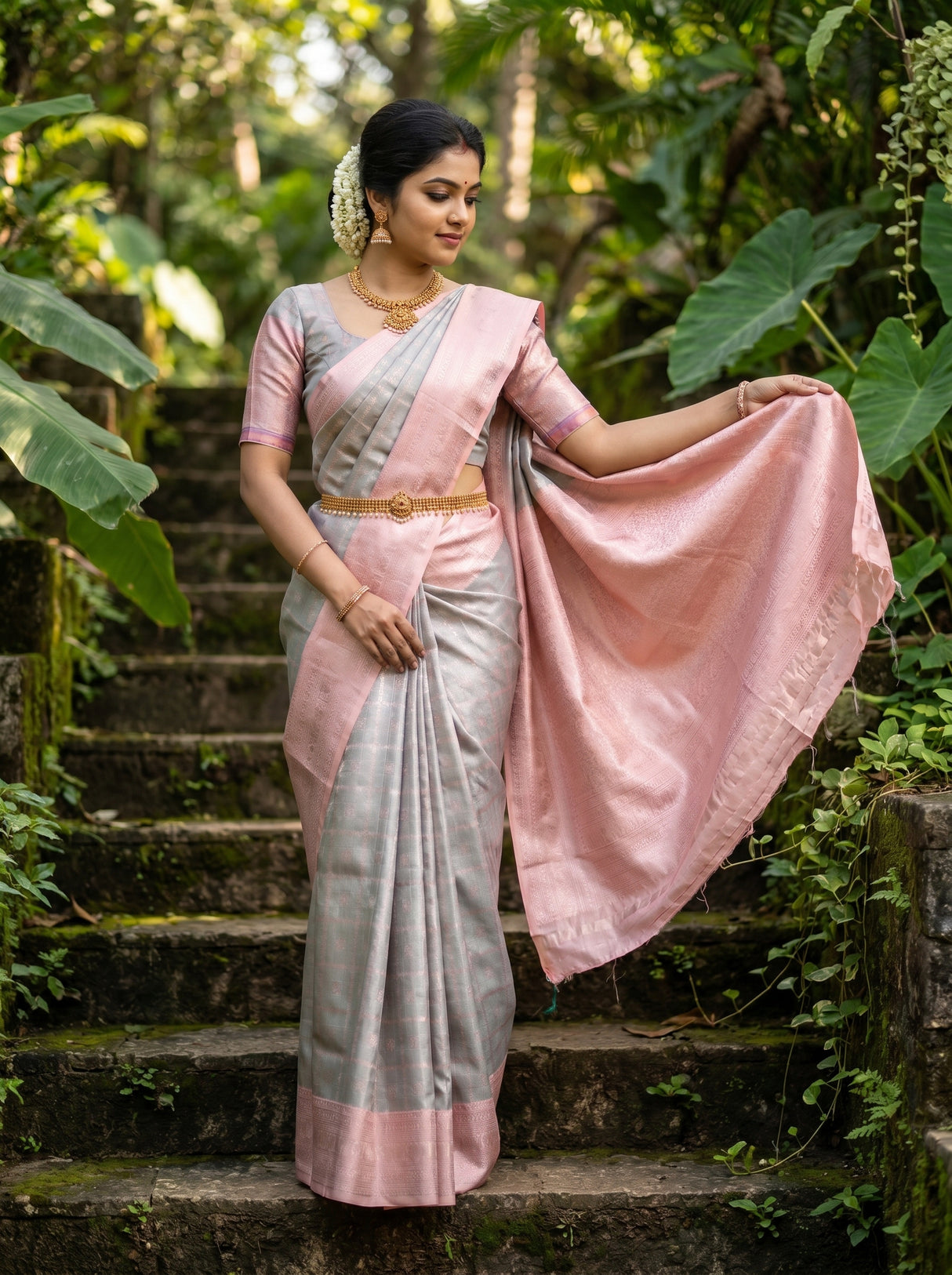 MIMOSA Grey Kanjivaram Art Silk Saree β Side View