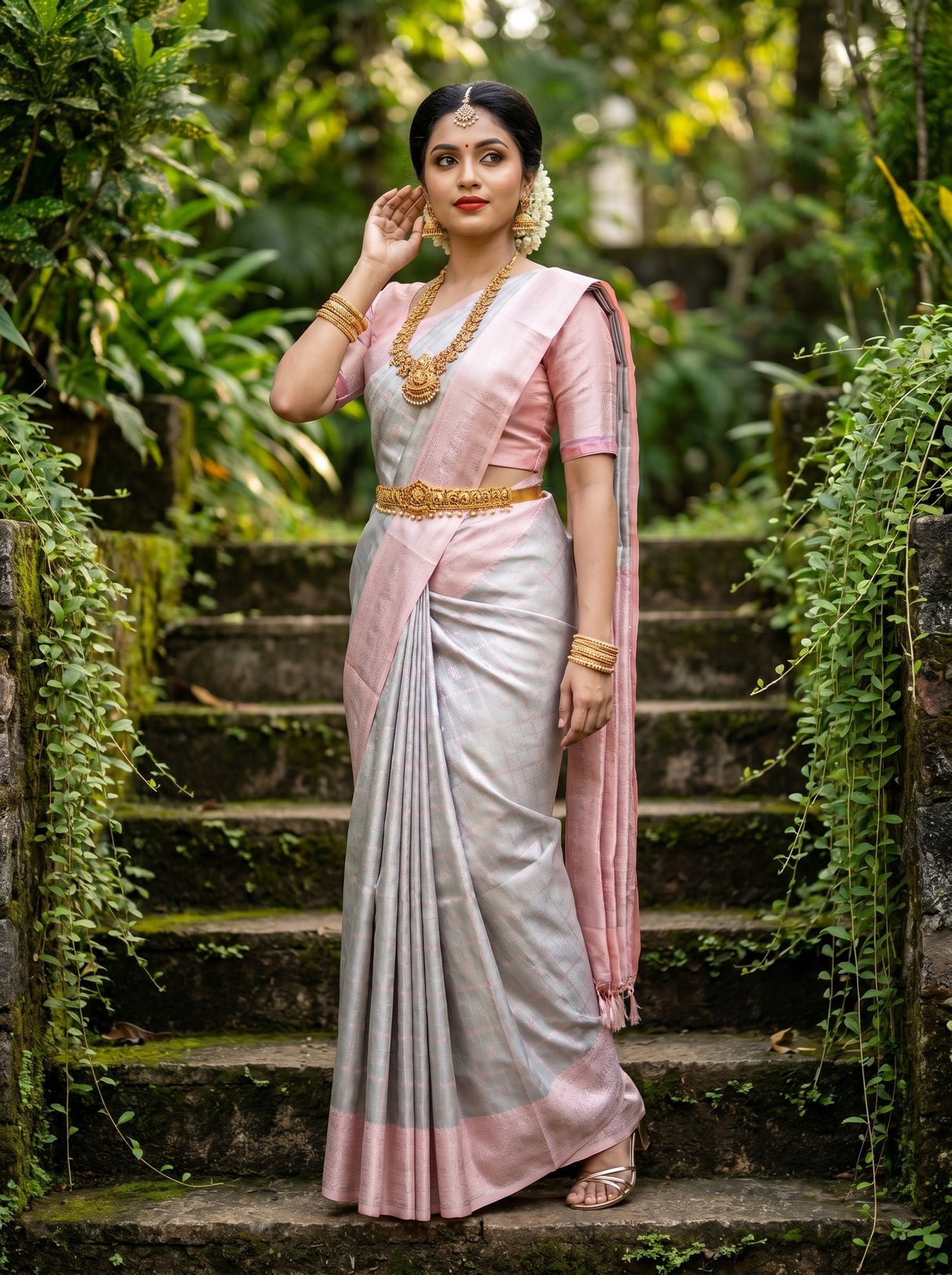 MIMOSA Grey Kanjivaram Art Silk Saree β Mid-section View with Waist Belt