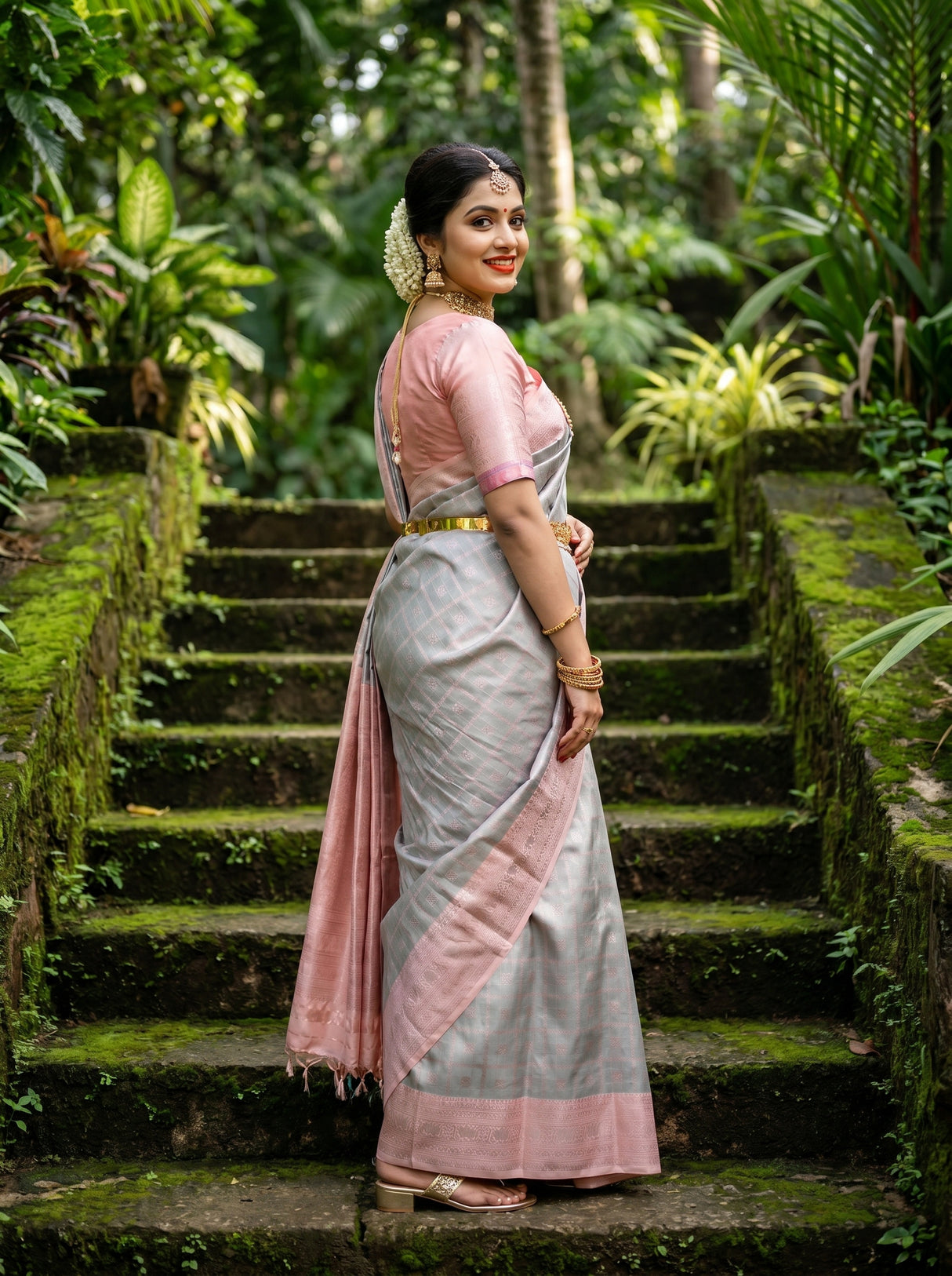 MIMOSA Grey Kanjivaram Art Silk Saree β Lower Body Drape Detail