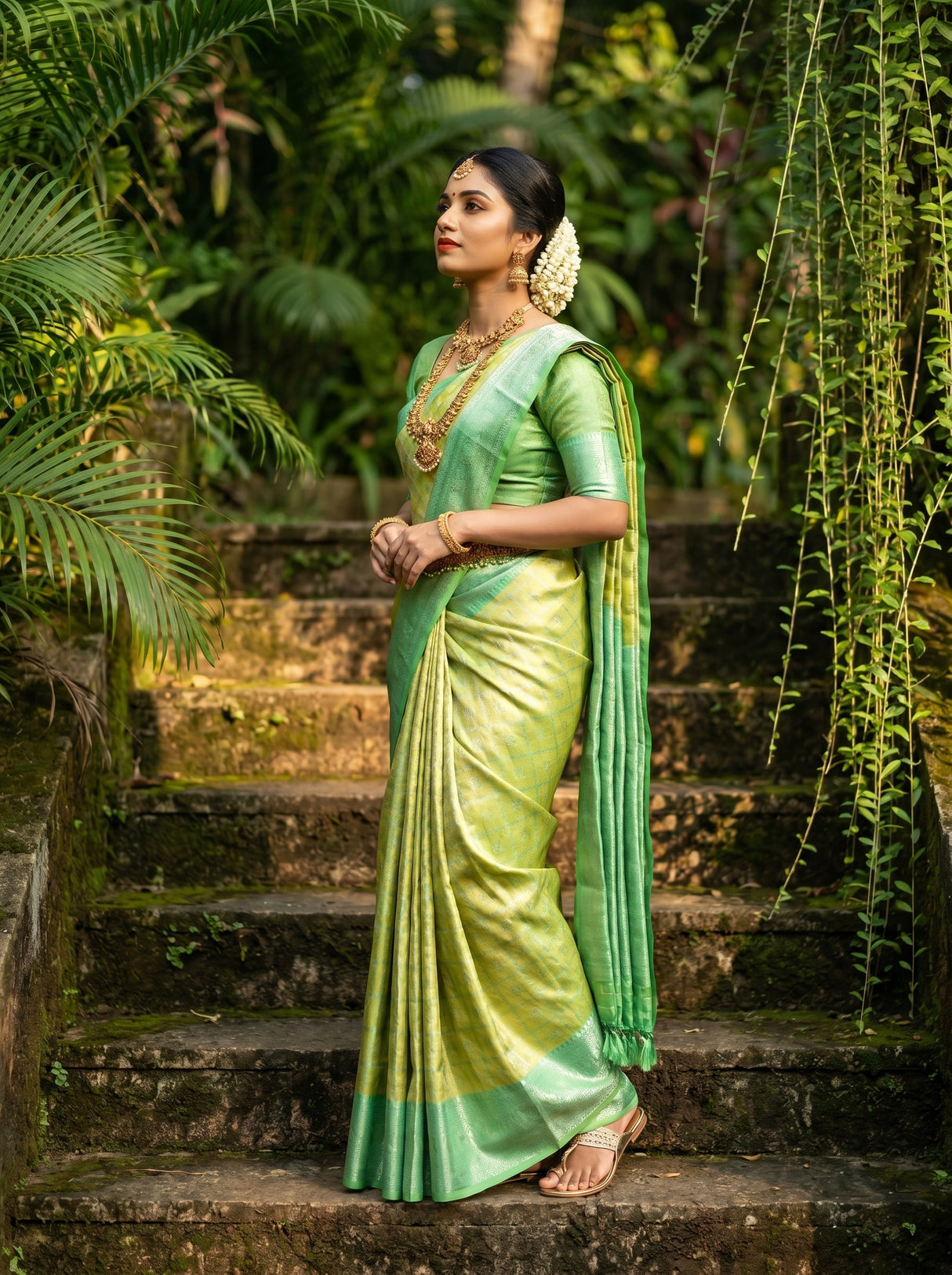 MIMOSA Olive Kanjivaram Art Silk Saree β Side View