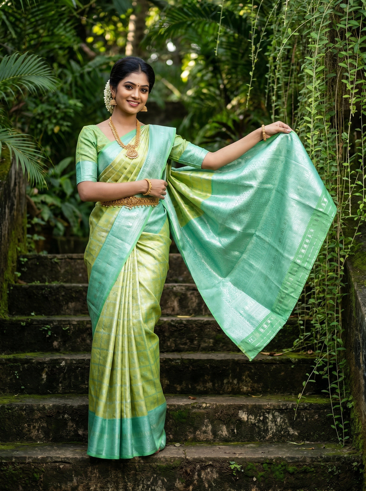 MIMOSA Olive Kanjivaram Art Silk Saree β Mid-section View with Waist Belt