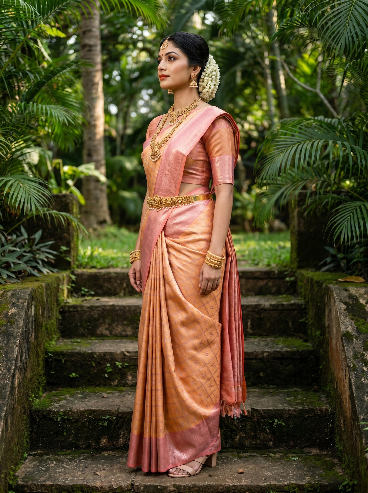 MIMOSA Peach Kanjivaram Art Silk Saree β Close-up of Face and Jewelry