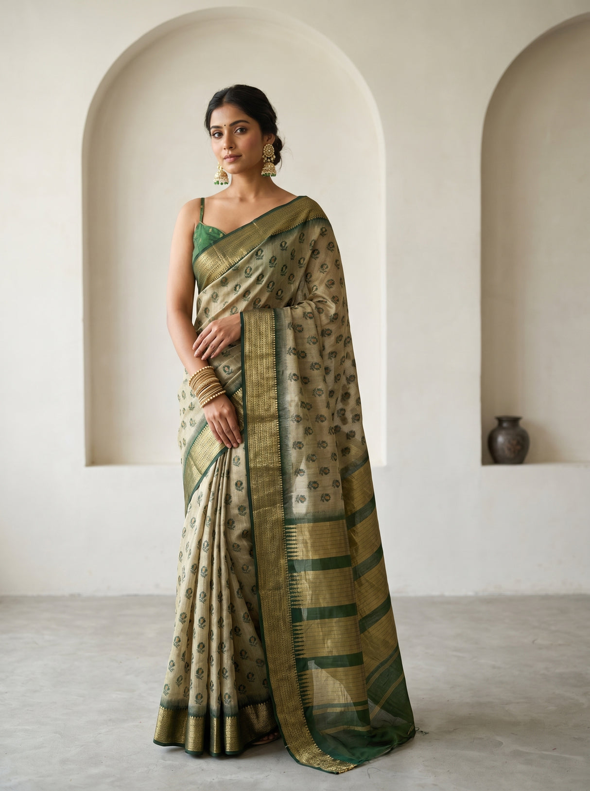 MIMOSA Beige Banarasi Art Silk Saree β Full View on Model
