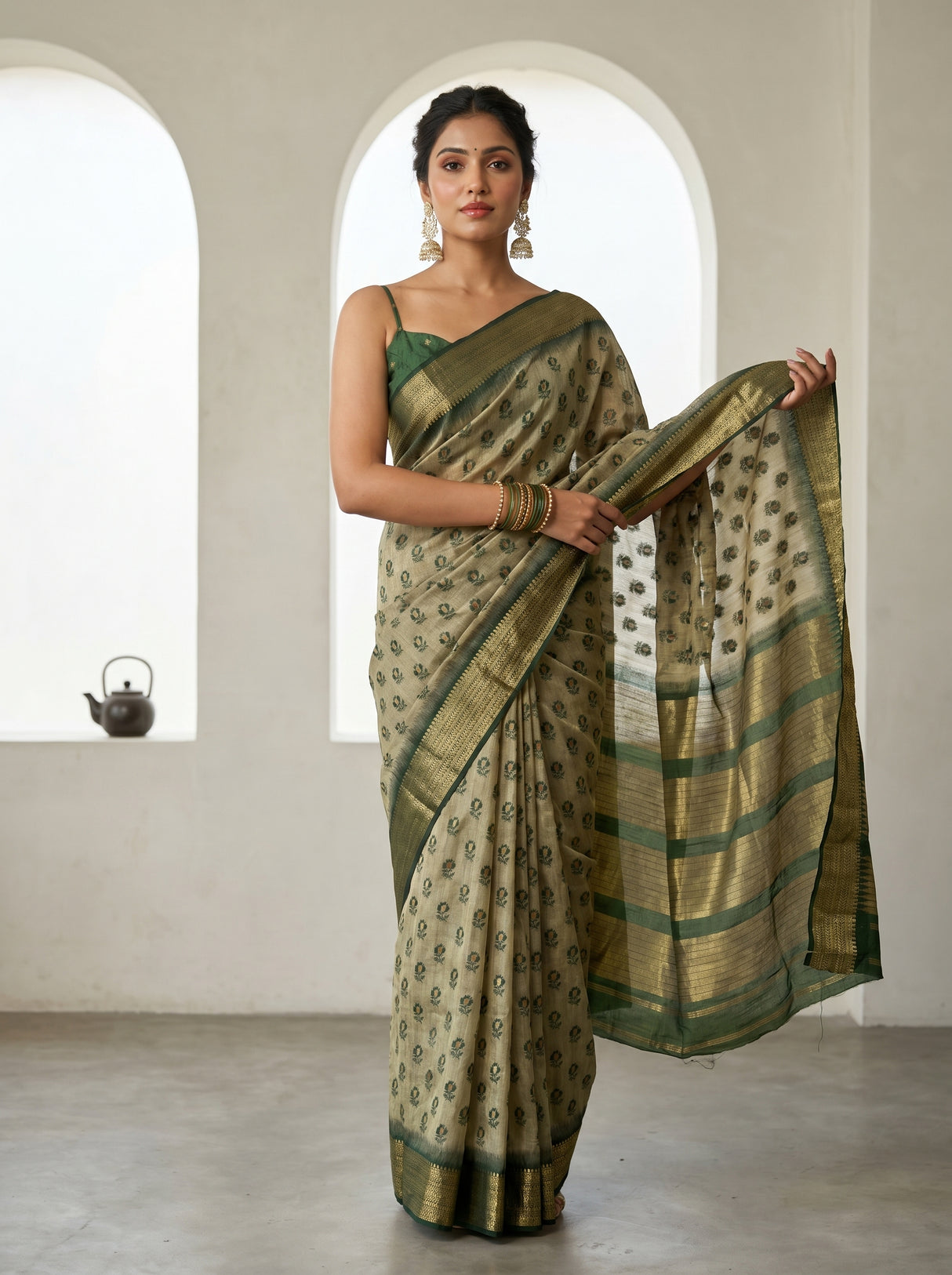 MIMOSA Beige Banarasi Art Silk Saree β pose 6 styling detail