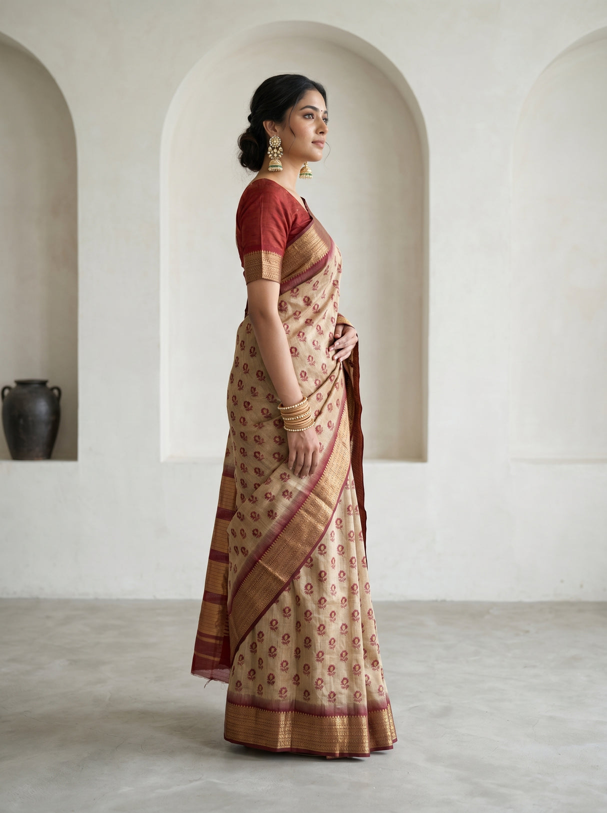 MIMOSA Maroon Banarasi Art Silk Saree β Full View on Model
