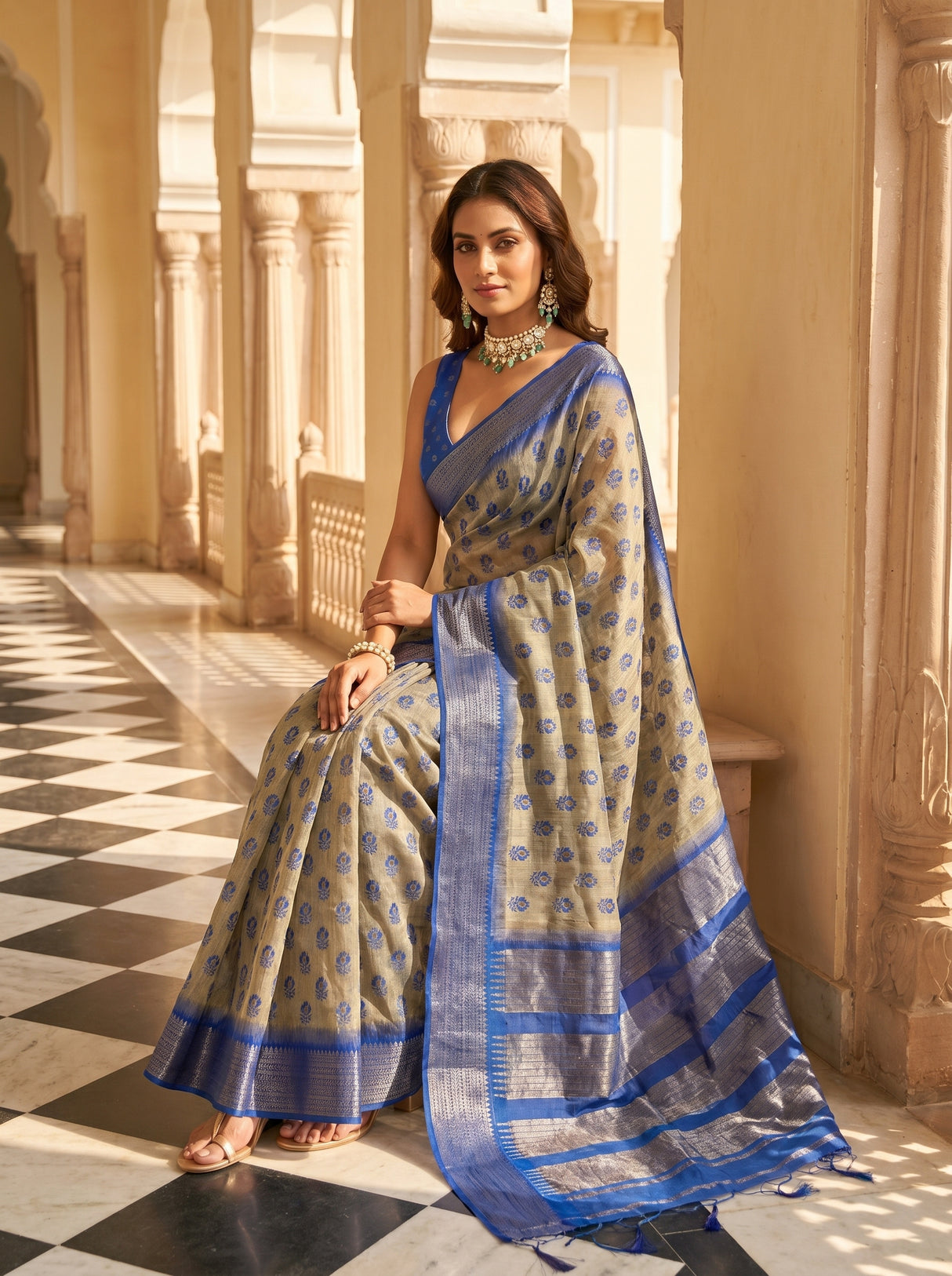 MIMOSA Royal Blue Banarasi Art Silk Saree β pose 8 styling detail