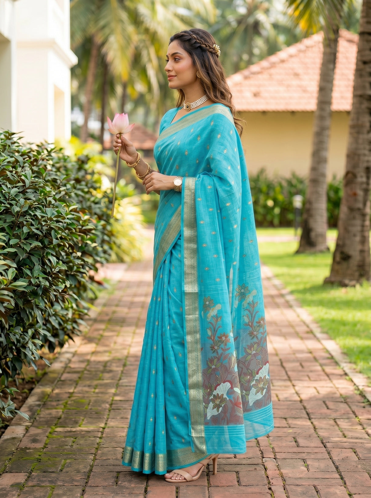 MIMOSA Ananda Banarasi Art Silk Saree — Mid-section with lotus