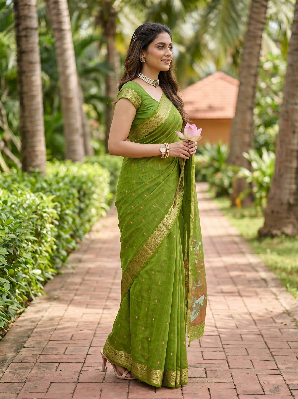 MIMOSA Olive Banarasi Art Silk Saree — Mid-section with lotus