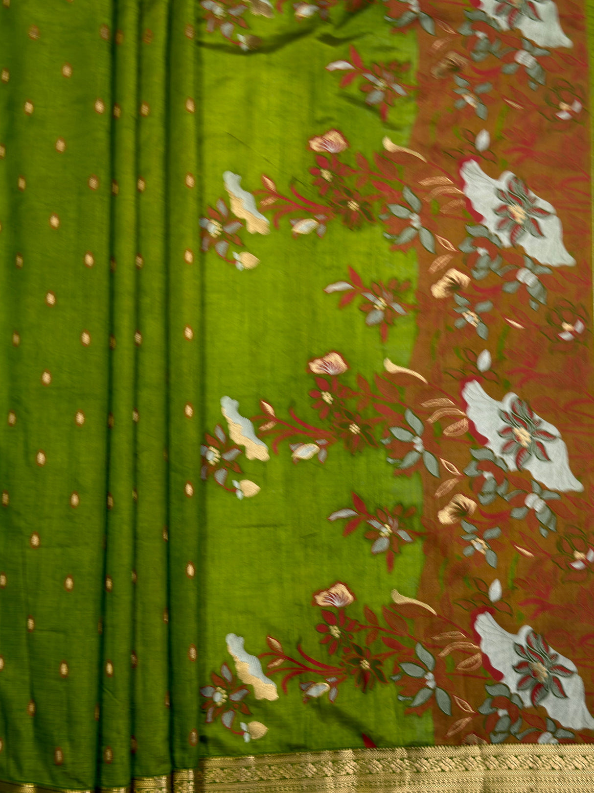 MIMOSA Olive Banarasi Art Silk Saree — pallu and zari work detail
