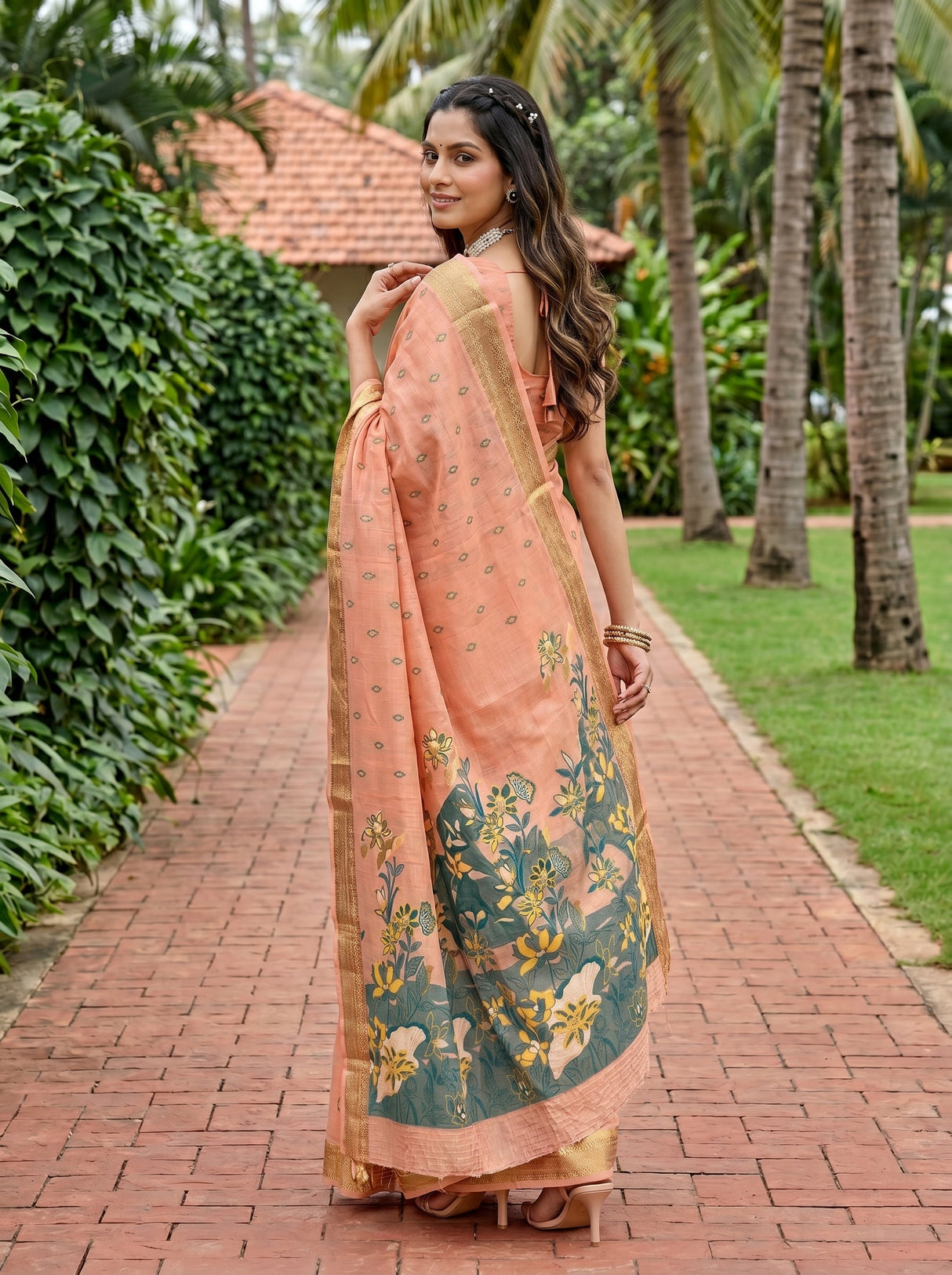 MIMOSA Peach Banarasi Art Silk Saree — pose 7 styling detail