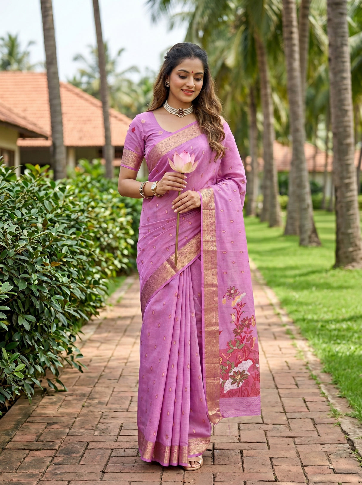 MIMOSA Pink Banarasi Art Silk Saree — Model lifestyle pose 1
