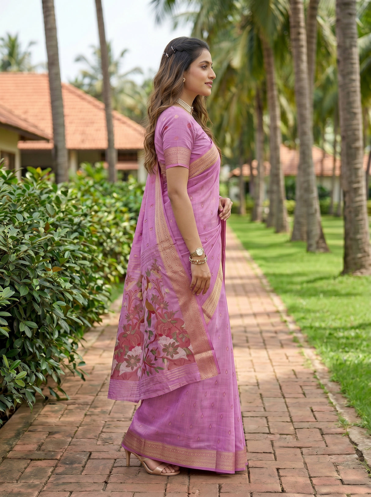 MIMOSA Pink Banarasi Art Silk Saree — Mid-section with lotus