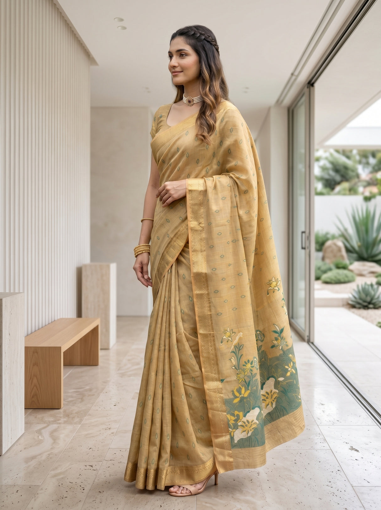 MIMOSA Tussar Banarasi Art Silk Saree — Mid-section with lotus