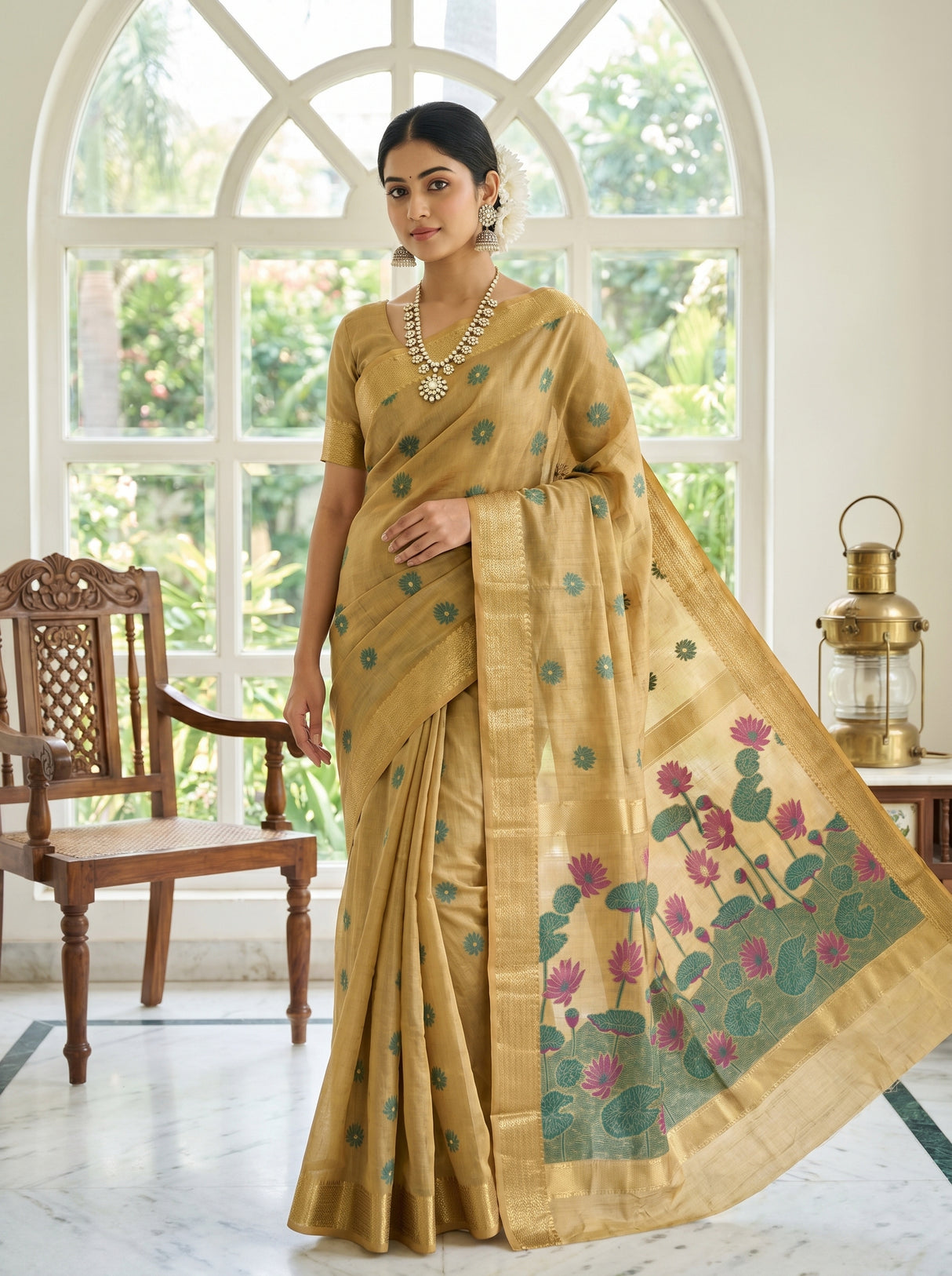 MIMOSA Chikoo Banarasi Art Silk Saree β pose 4 styling detail